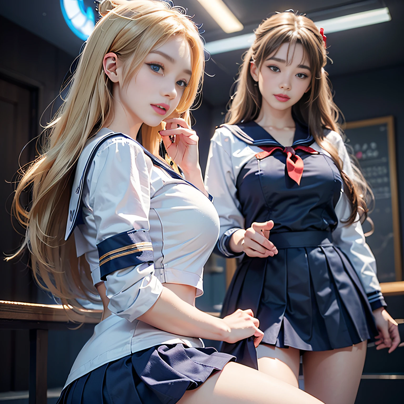 Blonde gray hair, Straight hair, Spread hair, Long hair, PUPILS SPARKLING, long eyelashes, Blue eyes, makeup, Smile, Color Field Painting, Contemporary art, Northern Renaissance, Blurred, blending, From below, From Side, the panorama, ultra wide-angle, Wide Angle, F/1.8, 135 mm, canon, nffsw, retinas, masutepiece, Elaborate, Anatomically correct, Skin Texture, Super Detail, high detailing, High quality, hight resolution, 1080p, hard disk, 4K, 8K, of the highest quality,   Pose (Neon lights of skyscrapers glitter in the background), (japanese sailor suits, sailor fuku, serafuku, Japanese school sailor uniform, darkblue pleated skirt:1.27), (From below, White , 1.24),(top-quality)、 (​masterpiece)、(Professional lighting with fewer shadows)、 (A hyper-realistic)、 (perfect anatomia)、 (In front of the camera、There are two women、Bangs and forehead、And moles under the eyes), (Bright and even whitening skin without wrinkles and steps:1.5), (Beautiful blue eyes with long eyelashes and red tear bags:1.5), (Two people proudly sticking out their chests in front of the camera.:1.2), (Another person on the other side、Turned back with arched )、Photorealistic beautiful doctor、stunningly beautiful、doctors white coat, Collared shirt、(top-quality、8K、32K、​masterpiece、nffsw:1.3)、超A high resolution,(Photorealsitic:1.4),Raw photography, Detailed face,,Beautiful hair, ((Doctor Style)), , Blue tight skirt、