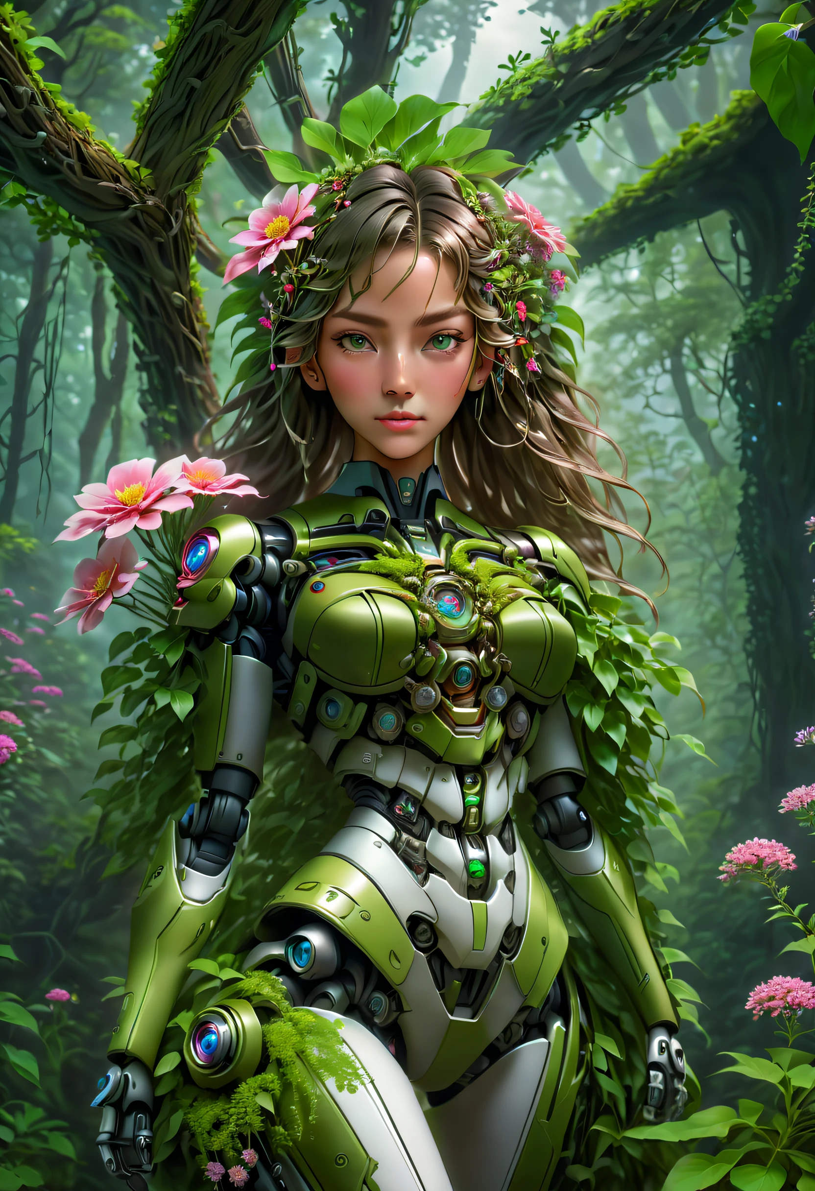 middle,(A girl made of fresh plants,Aim at the target with a futuristic sci-fi mechanical sniper rifle,body covered with flowering plants,flower limbs,plant high heels,plant hair,Plant clothes),blossom flower,old trees,at a forest,(globalillumination、ray traycing、HighDynamicRange、Unrealistic rendering、Rational design、tmasterpiece、Best quality、hyper HD、电影灯光,Anatomical correct,Beautiful girl facial features,Anatomically correct and precise facial structure, detailed face portrayal, and exquisite facial features), beijing_Up