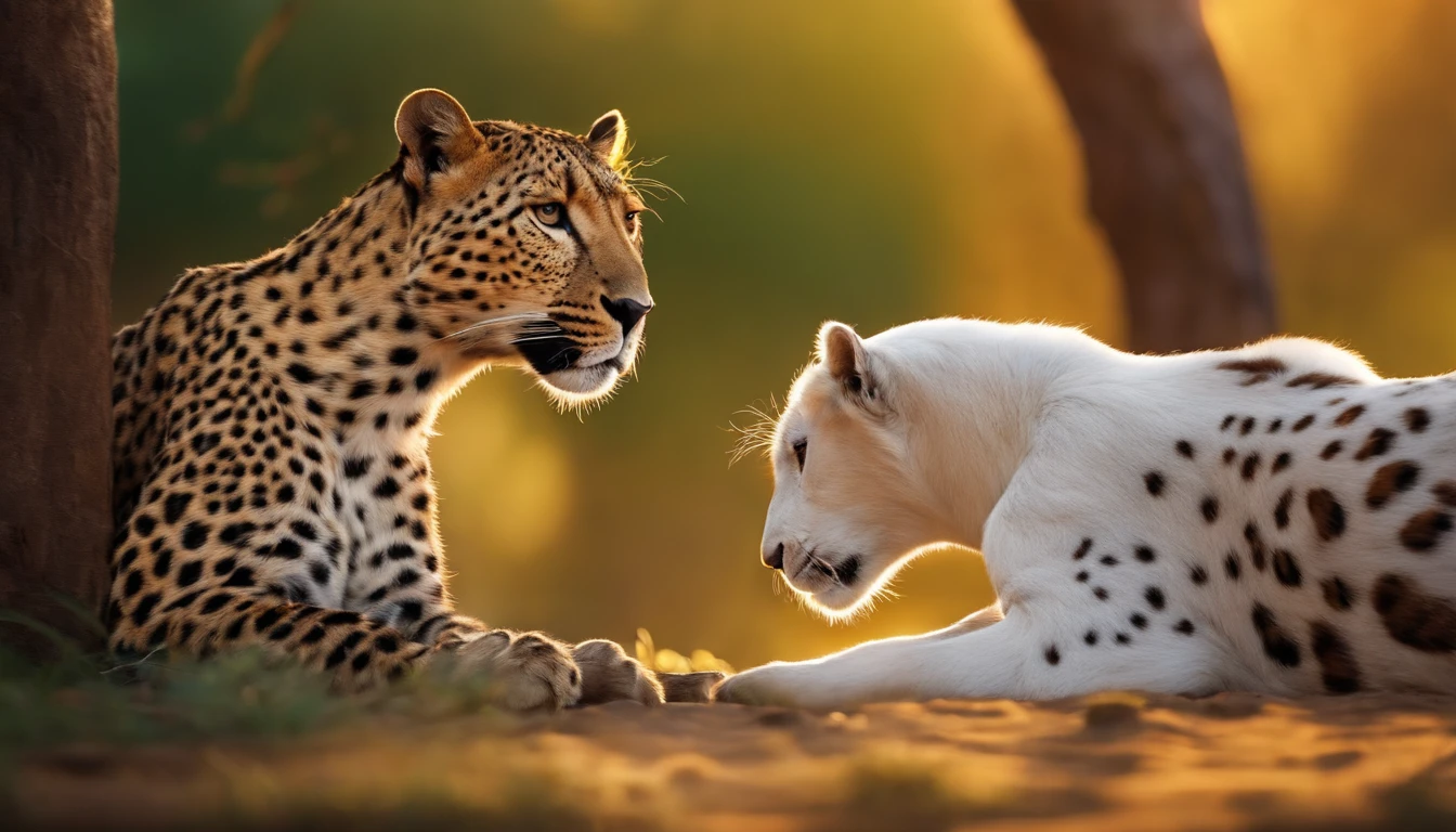 Pixar, leopards  and goats playing together, a very beautiful background,