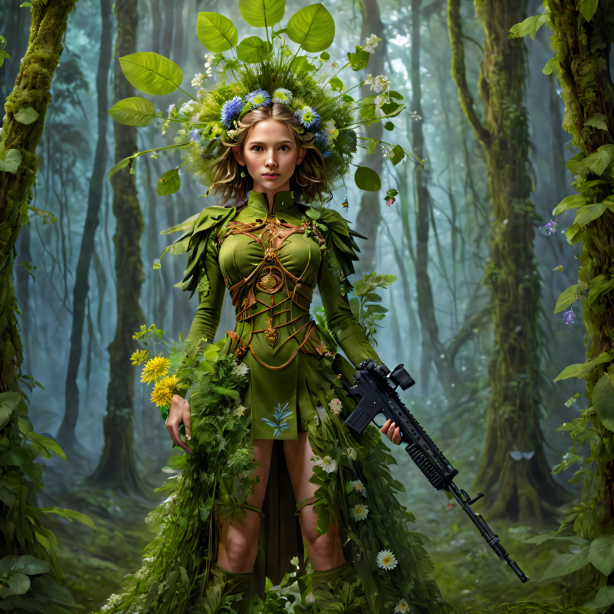 middle，(A girl made of fresh plants，Holding a sniper rifle made of plants and aiming at the target，Sniper rifle made of green plants，Covered with flowers and plants，plant high heels，plant hair，Plant clothes），blossom flower，old trees，at a forest，（globalillumination、ray traycing、HighDynamicRange、Unrealistic rendering、Rational design、tmasterpiece、Best quality、hyper HD、电影灯光，Anatomical correct，Beautiful girl facial features，Anatomically correct and precise facial structure, detailed face portrayal, and exquisite facial features）