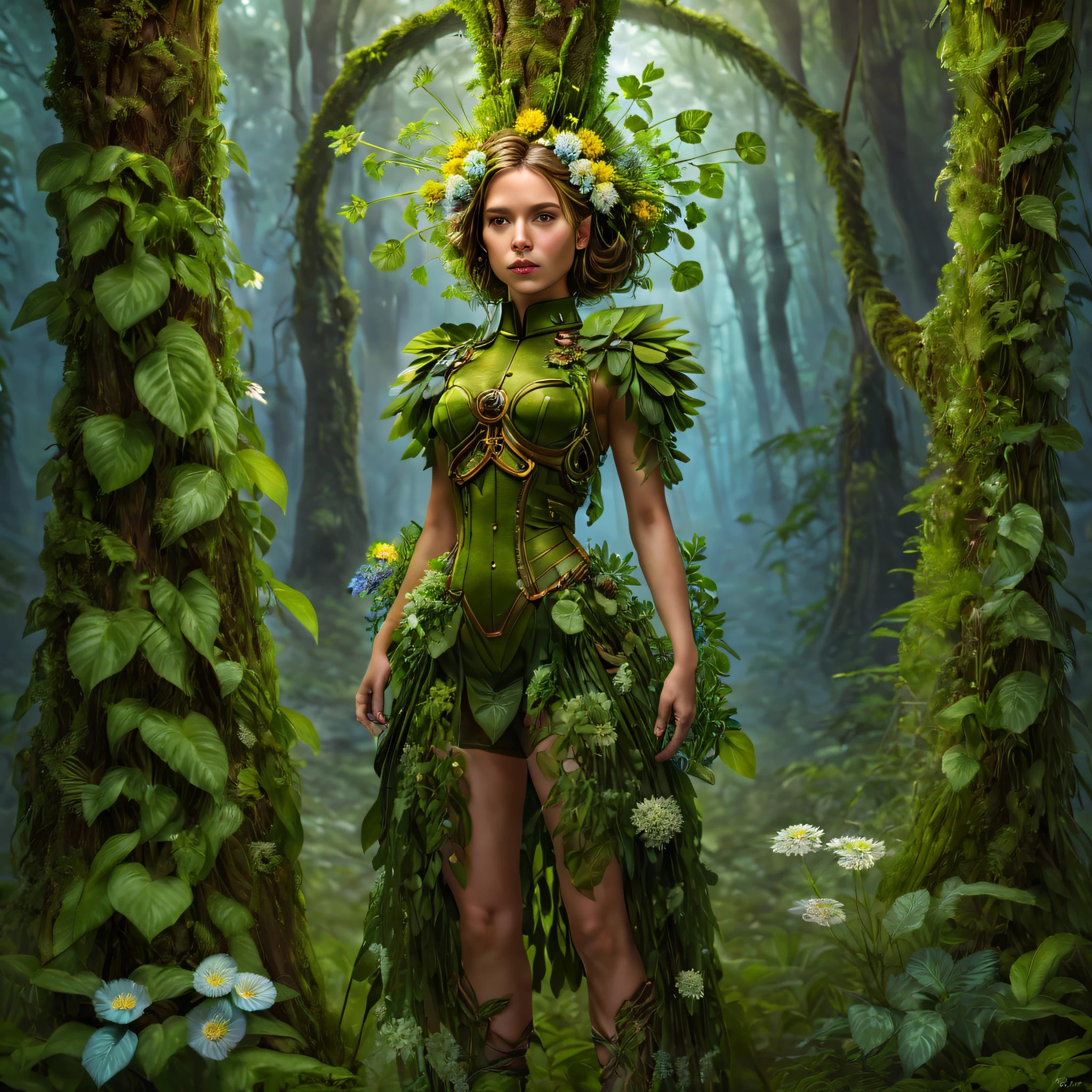 middle，(A girl made of fresh plants，Holding a sniper rifle made of plants and aiming at the target，Sniper rifle made of green plants，Covered with flowers and plants，plant high heels，plant hair，Plant clothes），blossom flower，old trees，at a forest，（globalillumination、ray traycing、HighDynamicRange、Unrealistic rendering、Rational design、tmasterpiece、Best quality、hyper HD、电影灯光，Anatomical correct，Beautiful girl facial features，Anatomically correct and precise facial structure, detailed face portrayal, and exquisite facial features）