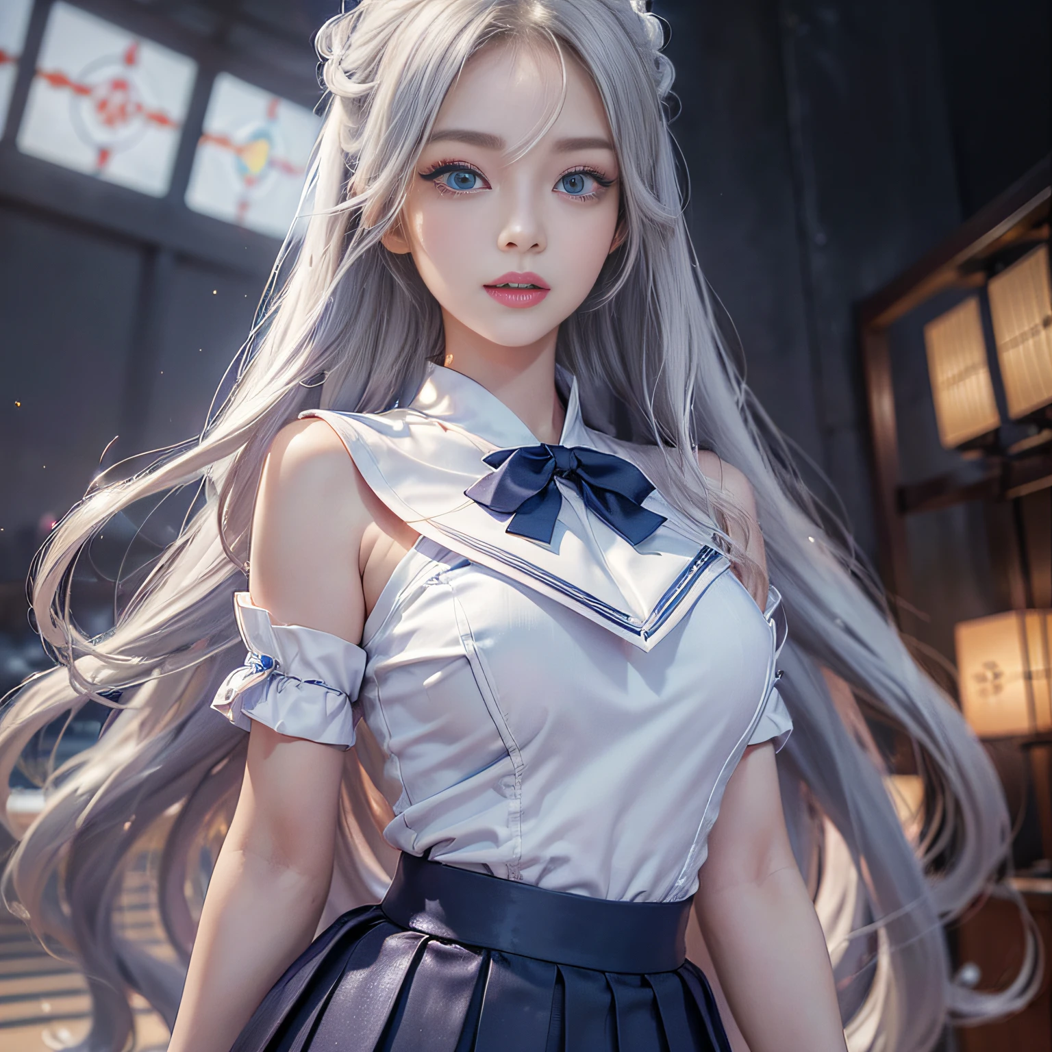 Blonde gray hair, Straight hair, Spread hair, Long hair, PUPILS SPARKLING, long eyelashes, Blue eyes, makeup, Smile, Color Field Painting, Contemporary art, Northern Renaissance, Blurred, blending, From below, From Side, the panorama, ultra wide-angle, Wide Angle, F/1.8, 135 mm, canon, nffsw, retinas, masutepiece, Elaborate, Anatomically correct, Skin Texture, Super Detail, high detailing, High quality, hight resolution, 1080p, hard disk, 4K, 8K, of the highest quality, Sexy Pose (Neon lights of skyscrapers glitter in the background), (japanese sailor suits, sailor fuku, serafuku, Japanese school sailor uniform, darkblue pleated skirt:1.27), (From below, White thong, 1.24),(top-quality)、 (masterpiece)、(Professional lighting with fewer shadows)、 (A hyper-realistic)、 (perfect anatomia)、 (In front of the camera、There are two women、Bangs and forehead、And moles under the eyes), (Bright and even whitening skin without wrinkles and steps:1.5), (Beautiful blue eyes with long eyelashes and red tear bags:1.5), (Two people proudly sticking out their chests in front of the camera.:1.2), (Another person on the other side、Turned back with arched hips)、Photorealistic beautiful doctor、stunningly beautiful、doctors white coat, Collared shirt、(top-quality、8K、32K、masterpiece、nffsw:1.3)、超A high resolution,(Photorealsitic:1.4),Raw photography, Detailed face,,Beautiful hair, ((Doctor Style)), , Blue tight skirt、