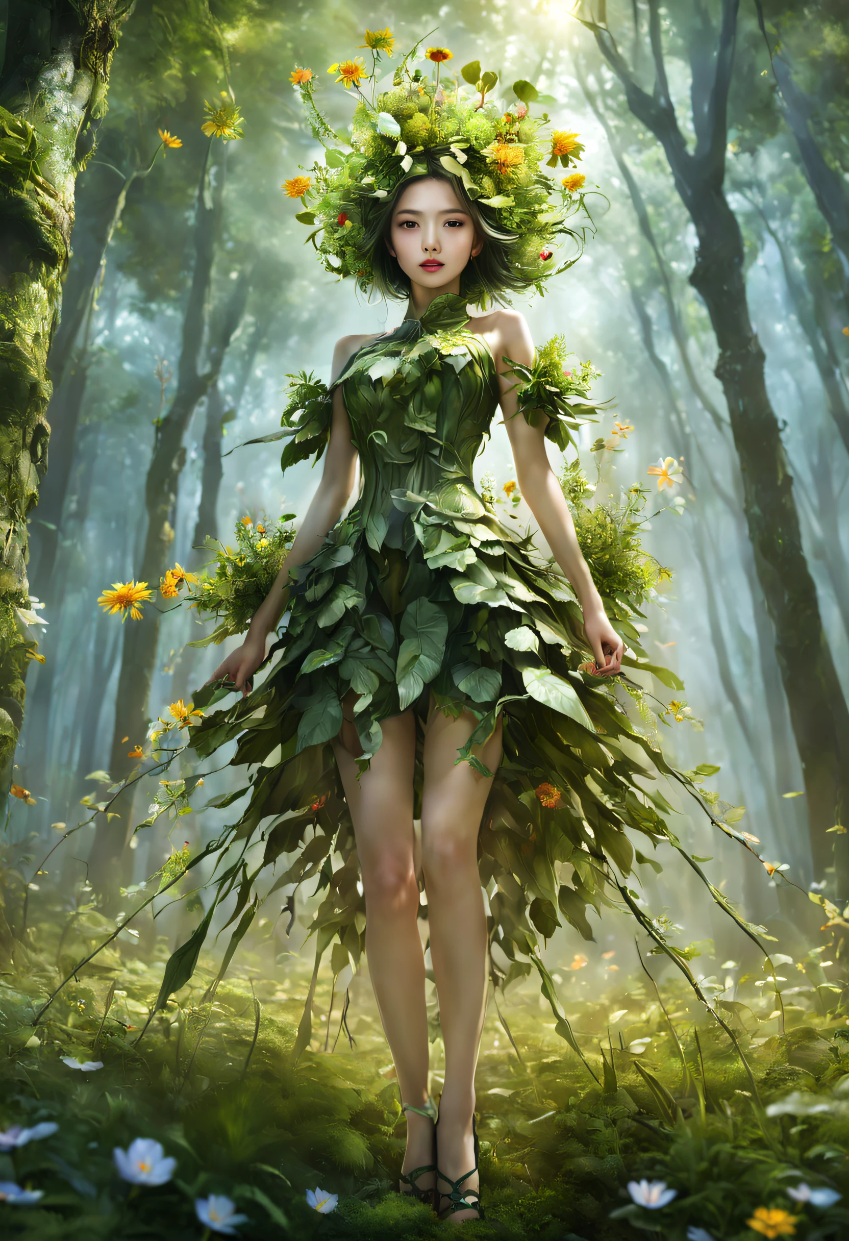 middle，(a girl made of fresh，Holding a sniper rifle made of plants and aiming at the target，Sniper rifle made of green plants，Covered with flowers and plants，plant high heels，plant hair，Plant clothes），blossom flower，old trees，at a forest，（globalillumination、ray traycing、HighDynamicRange、Unrealistic rendering、Rational design、tmasterpiece、Best quality、hyper HD、电影灯光，Anatomical correct，Korean beauty’s facial features），Ultra-high saturation