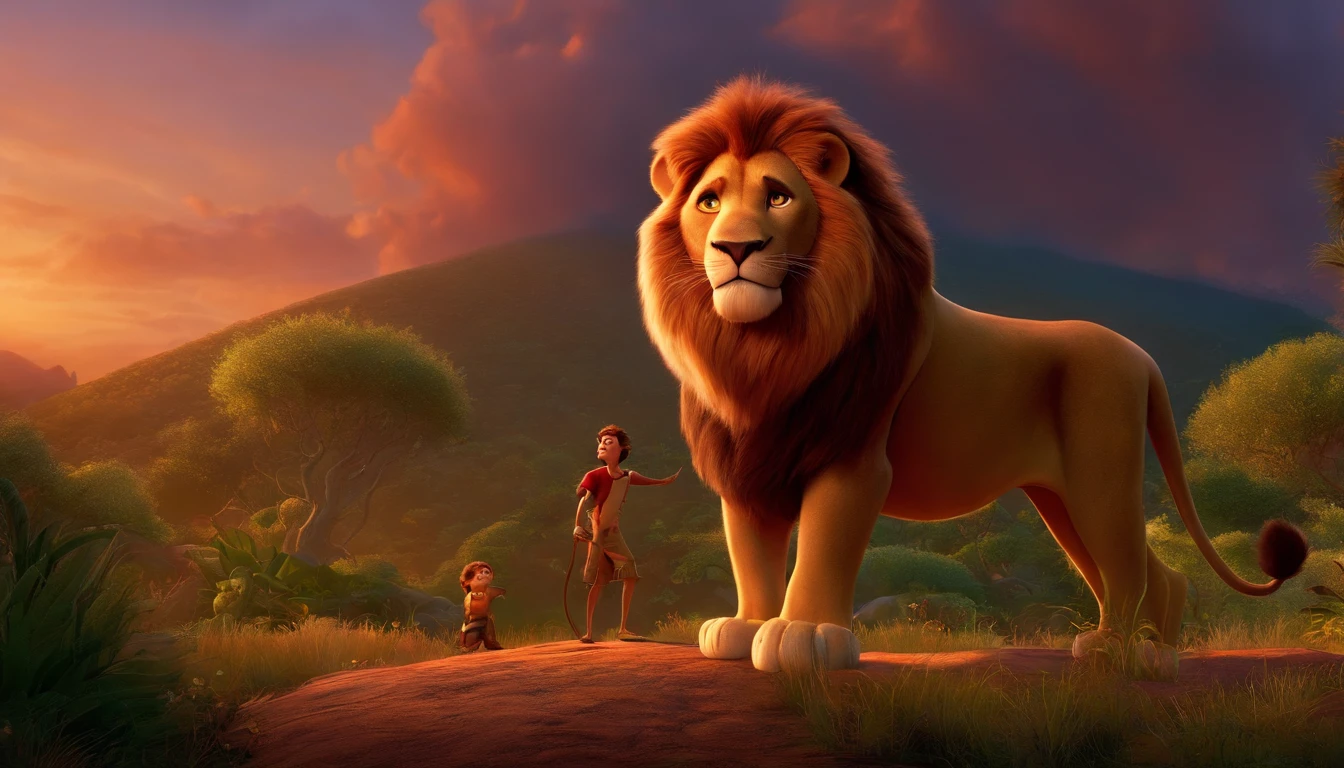 Pixar, a man ruining with a lion, a very beautiful background,