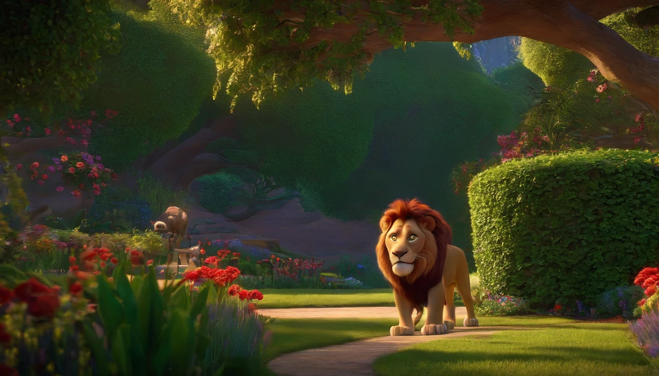 Pixar, a man ruining with a lion, a very beautiful garden