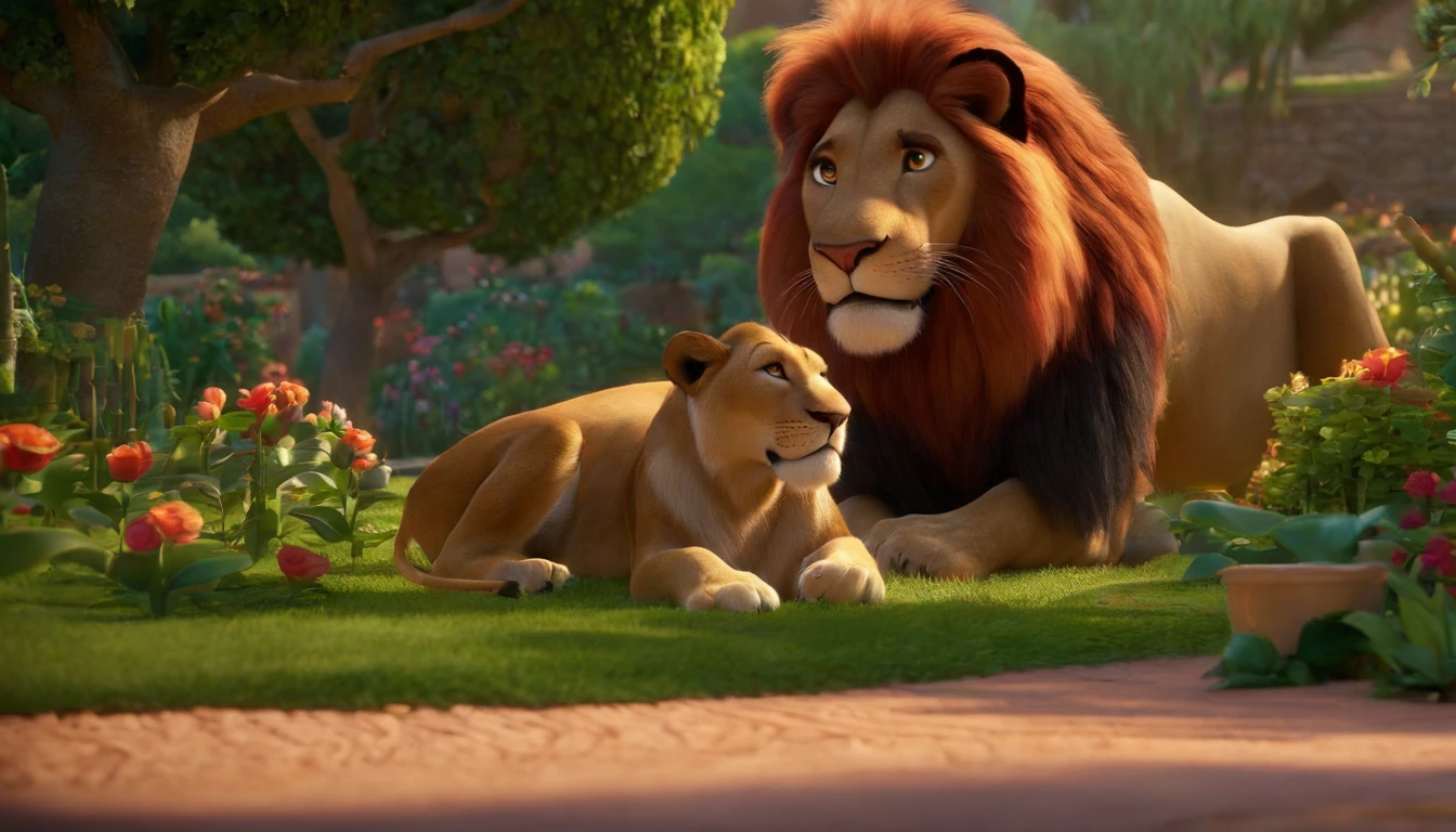 Pixar, a man ruining with a lion, a very beautiful garden