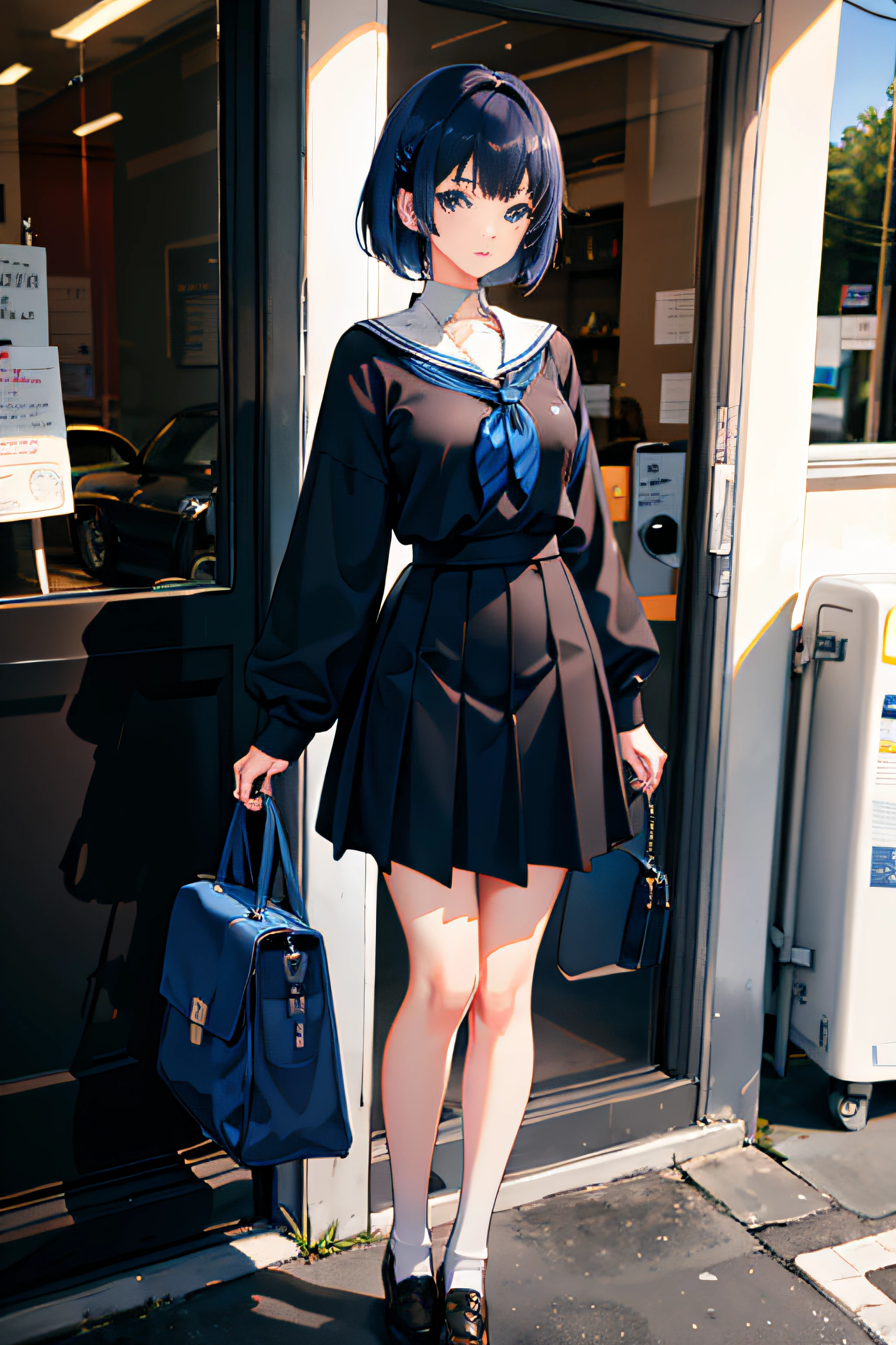 1girl in, matching shoes, Matching socks, Dark blue hair, Dark blue eyes, medium breasts, to stand, Standing, Bob Hair, High School Uniform, High School Background, Solo, Beautiful detailed eyes