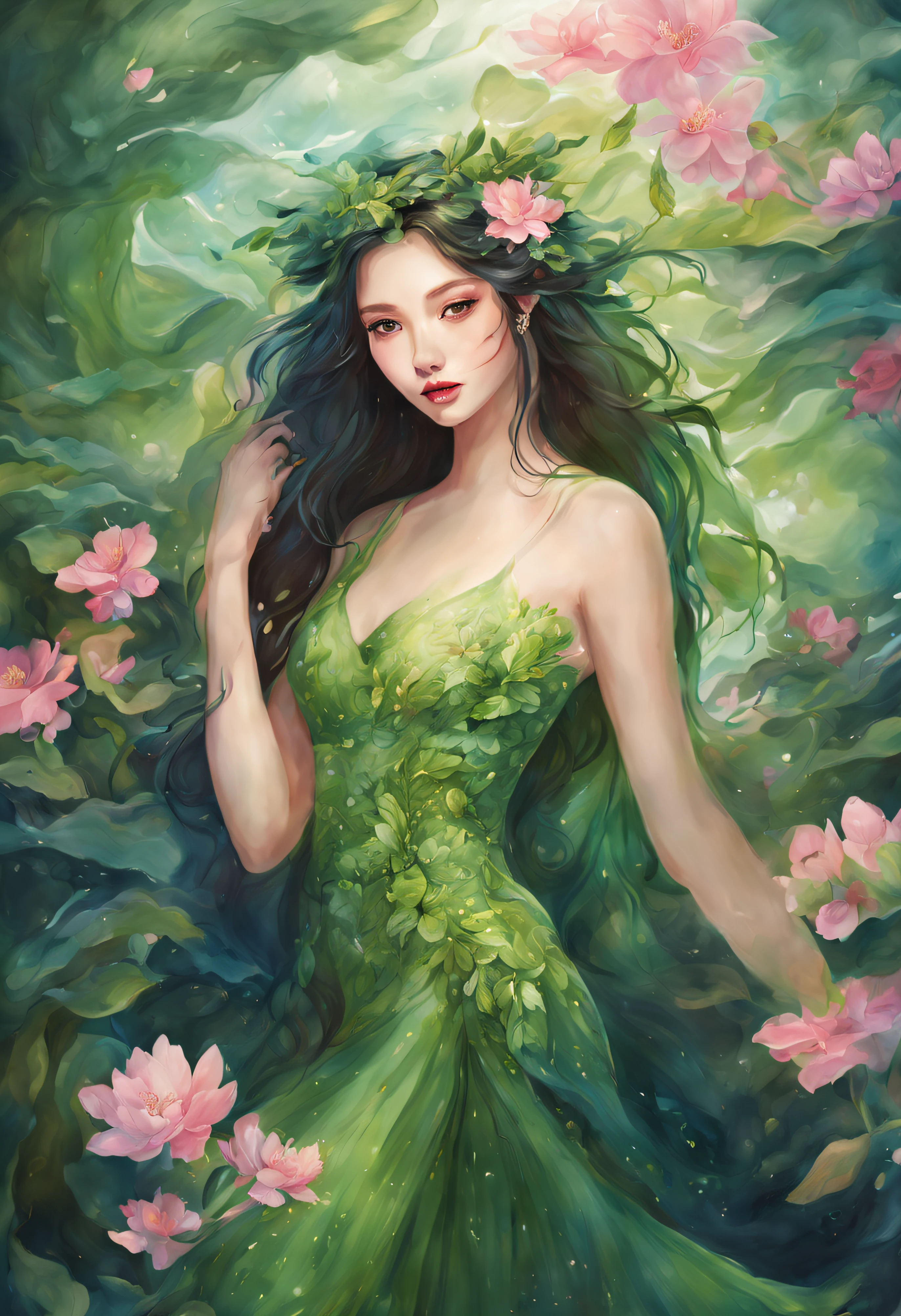meilleur qualité, ultra-détaillée, couleurs vives, Bokeh, Beaux yeux verts détaillés, belles lèvres roses détaillées, Vêtement: élégante robe verte coupée en forme de feuille, couronne de fleurs. Flore, nature, plantes, Verdure, éthéré, magique, rougeoyant, fantasque, fée, éléments botaniques, Des vignes qui coulent, Fleurs en fleurs, jardin luxuriant, la lumière du soleil filtrant à travers les feuilles, pétales délicats, Détails complexees, doux et rêveur, enchanteur, féminin, Un éclairage mystérieux, couleurs vives, surréaliste, fantaisie, aspect surnaturel, nymphe, cheveux longs et fluides aux reflets verts, caractéristiques délicates, Beauté naturelle, Sourire radieux, souffle, Ambiance chaleureuse et accueillante. Peinture traditionnelle chinoise, Peinture à l’encre, Peinture à l’encre, Style de peinture chinoise.