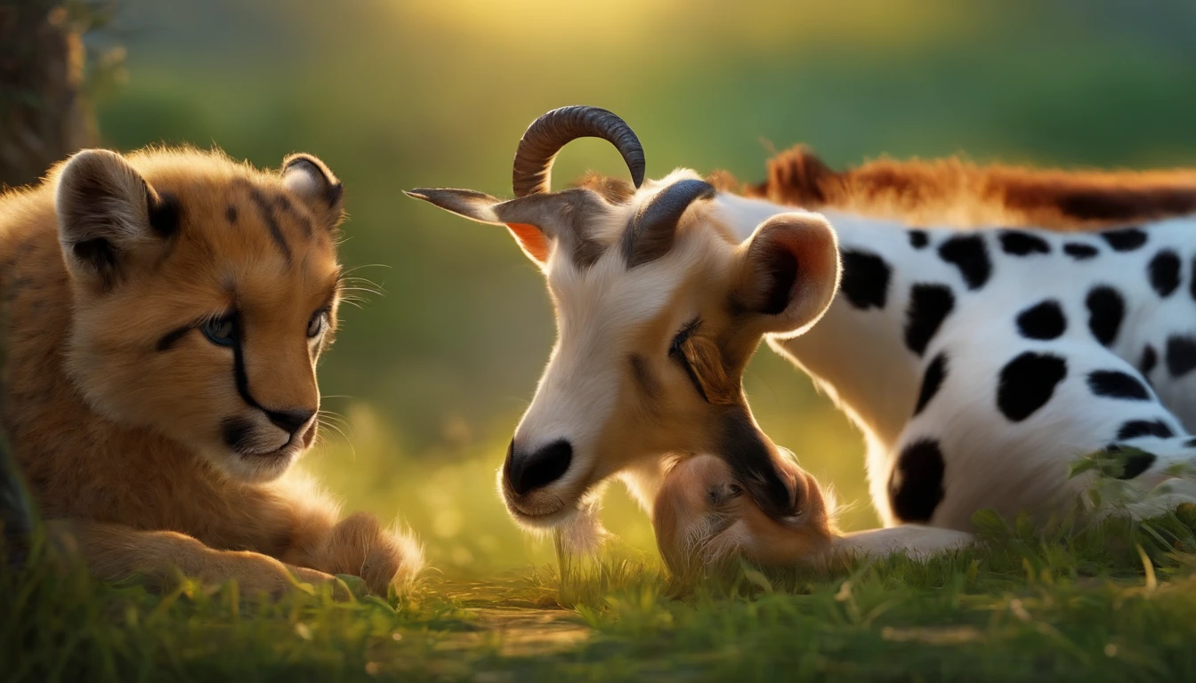 Pixar, leopards and goats playing together,