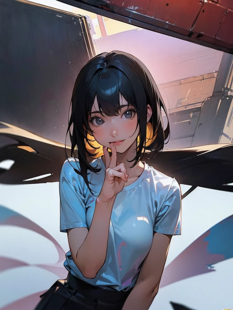 (1girl in:1.3), (Photorealistic:1.4), (masutepiece, of the highest quality, Best Quality, Official art), ighly detailed, highest details, (Ultra-detailed), ((extremely delicate and beautiful)), Cinematic Light, Contemporary, Silky long hair, (Black hair), she is walking down the street, in the evening, tshirts, Skirt, Upper body, Shy, Smile, (viewer's perspective:1.4), 23 years old