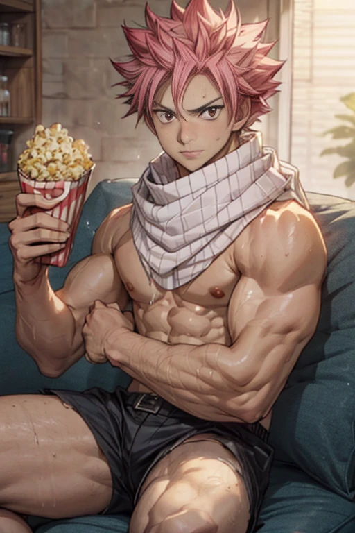 masterpiece, best quality red eyes, game cg, 1boy, solo, male focus, looking at viewer, upper body, Natsu Dragneel natsu_dragneel, pink hair, red eyes, shirtless naked, toned muscle, pectorals, 8 abs, toned legs, naked, slightly bulged, in living room on sofa, detailed, dynamic lighting, well lit, ((white scarf )) (( holding a tub of popcorn in hand))