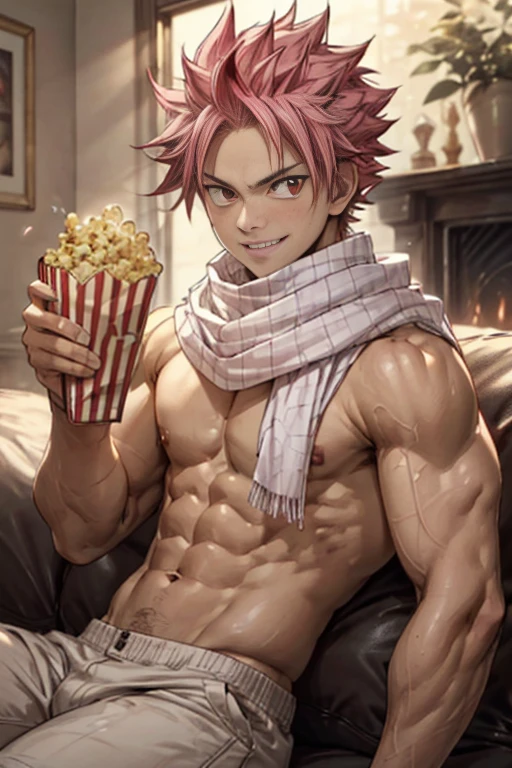 masterpiece, best quality red eyes, game cg, 1boy, solo, male focus, looking at viewer smiling widely, upper body, Natsu Dragneel natsu_dragneel, pink hair, red eyes, shirtless naked, toned muscle, pectorals, 8 abs, toned legs, naked, slightly bulged, in living room on sofa, detailed, dynamic lighting, well lit, ((white scarf )) (( holding a tub of popcorn in hand))