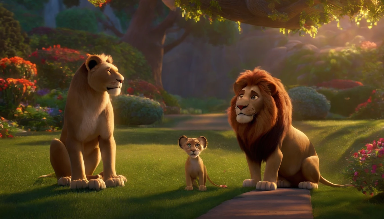 Pixar, a man is ruining and playing with lions, a very beautiful garden