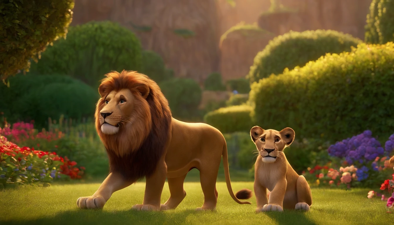 Pixar, a man is ruining and playing with lions, a very beautiful garden