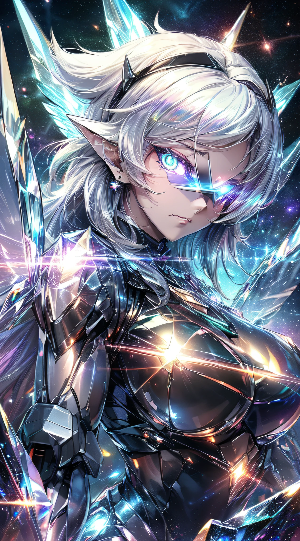 top-quality、Top image quality、masterpiece、girl with((black glowing airplane、glowing mechanic suit、18year old、 ager、cute little、Best Bust、big bast,Beautiful shining purple eyes、Breasts wide open, white hair、Longhaire、A slender,Large valleys、belligerent movements,sharp claws、double-arm beam rifle、Crystal visor on the right eye、Bright wings、Under attack、)),hiquality、Beautiful Art、Background with((Space Battlefield)))、,masutepiece、depth of fields,Cinematic style