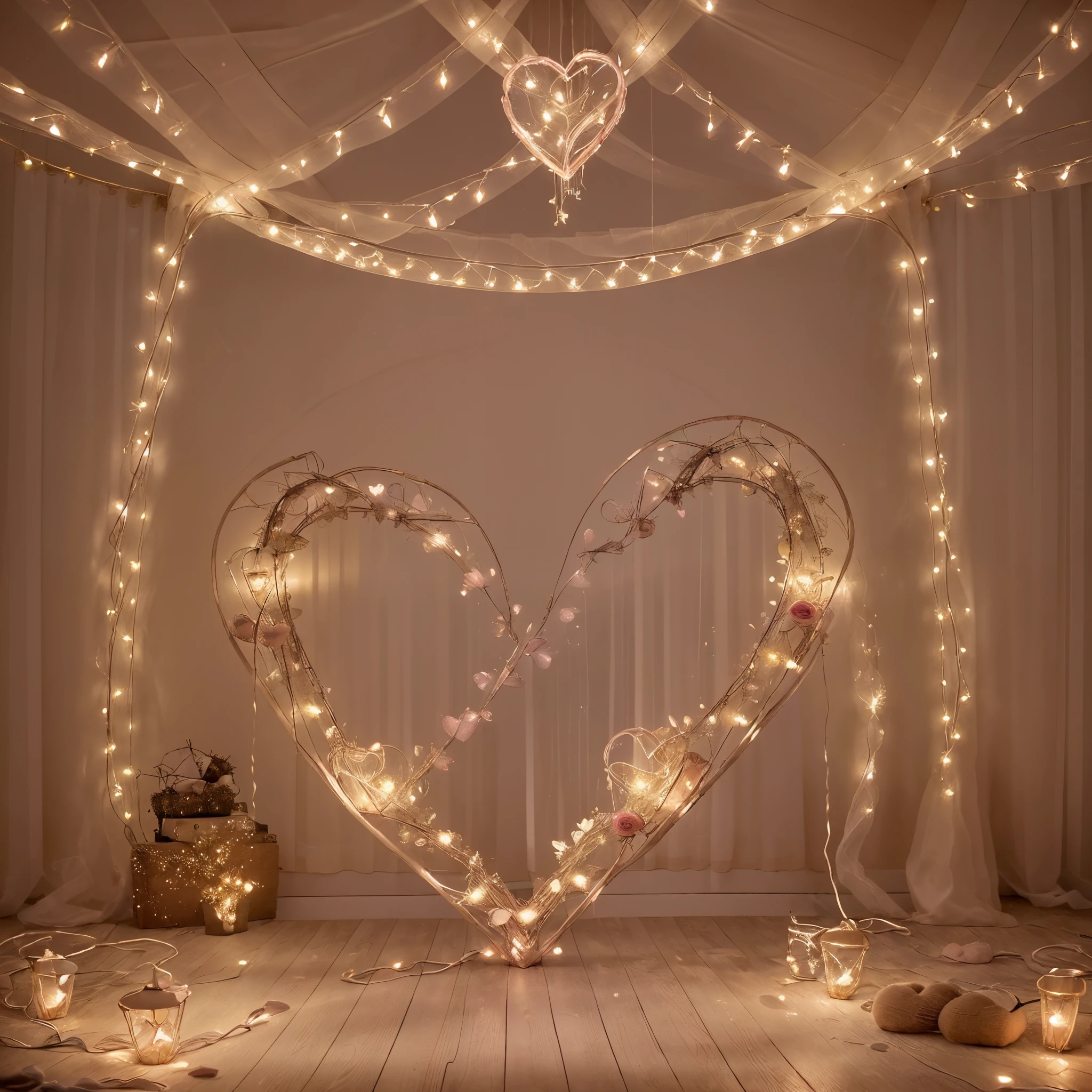 Whimsical Fairy Lights are enchanting decorative lights that are delicately arranged in heart shapes or around spaces, infusing Valentine's Day décor with a touch of magic. This mesmerizing image captures the essence of these lights, showcased in a breathtaking photograph. Each light glows with a whimsical allure, creating a mesmerizing ambiance. The heart-shaped arrangement adds a sweet and romantic atmosphere to any setting. The lights seem to dance with joy, illuminating the surroundings with a warm and inviting glow. This high-quality image beautifully captures the whimsy and enchantment of these Fairy Lights, adding a touch of magic to the Valentine's Day celebration.