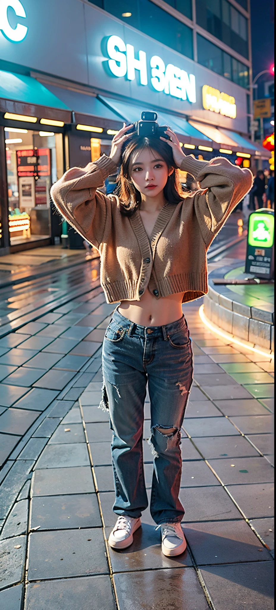 A young and beautiful girl holds a camera and raises it,Shot with Canon 80D。Wear a brown sweater,Dark gray jeans,White cloth shoes。exposing your navel。Wallpaper quality photos,Raised sexy。Signboard with neon lights in the background