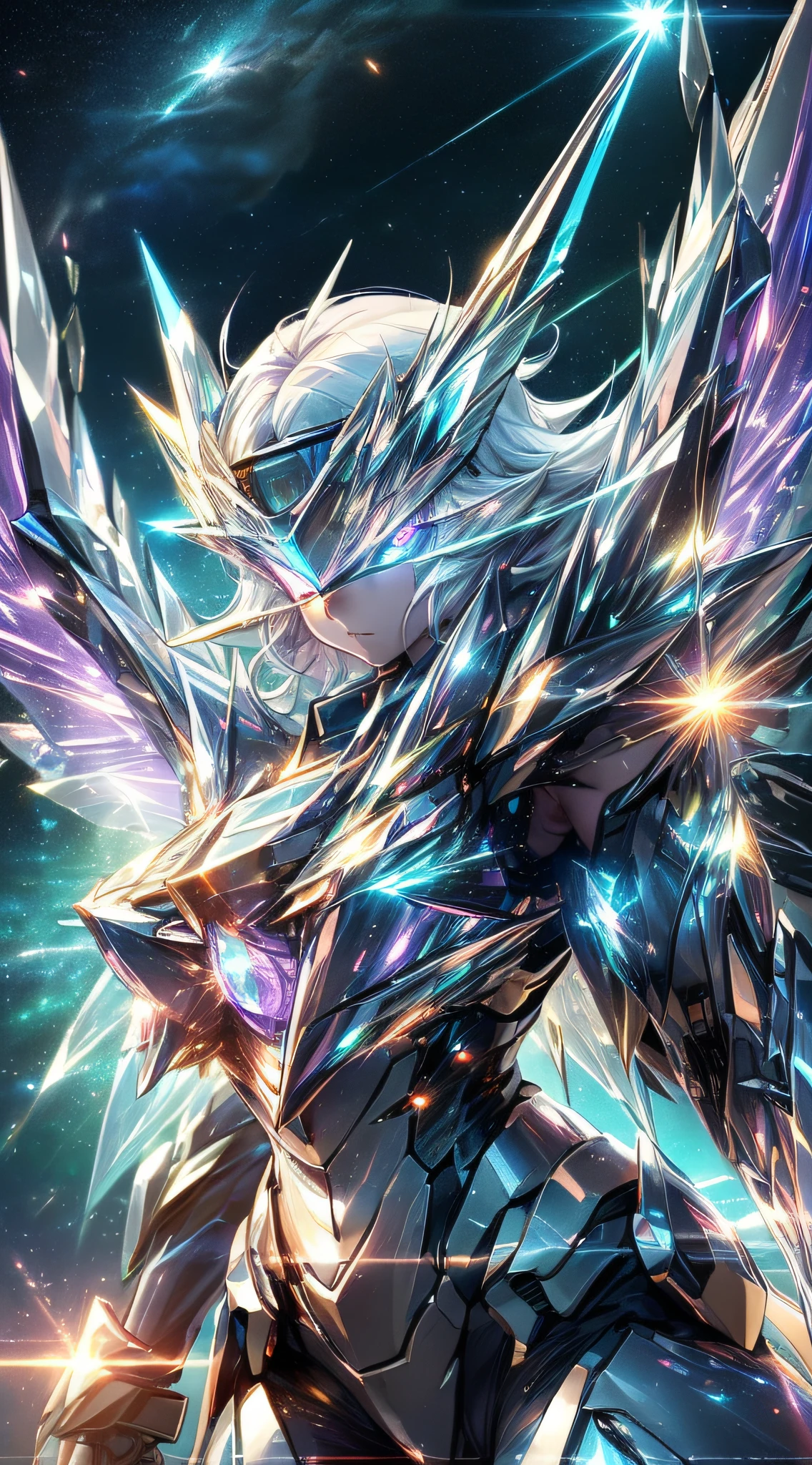 top-quality、Top image quality、masterpiece、girl with((black glowing airplane、glowing mechanic suit、18year old、teen ager、cute little、Best Bust、big bast,Beautiful shining purple eyes、Breasts wide open, white hair、Longhaire、A slender,Large valleys、belligerent movements,sharp claws、double-arm beam rifle、Crystal visor on the right eye、Bright wings、Under attack、)),hiquality、Beautiful Art、Background with((Space Battlefield)))、,masutepiece、depth of fields,Cinematic style