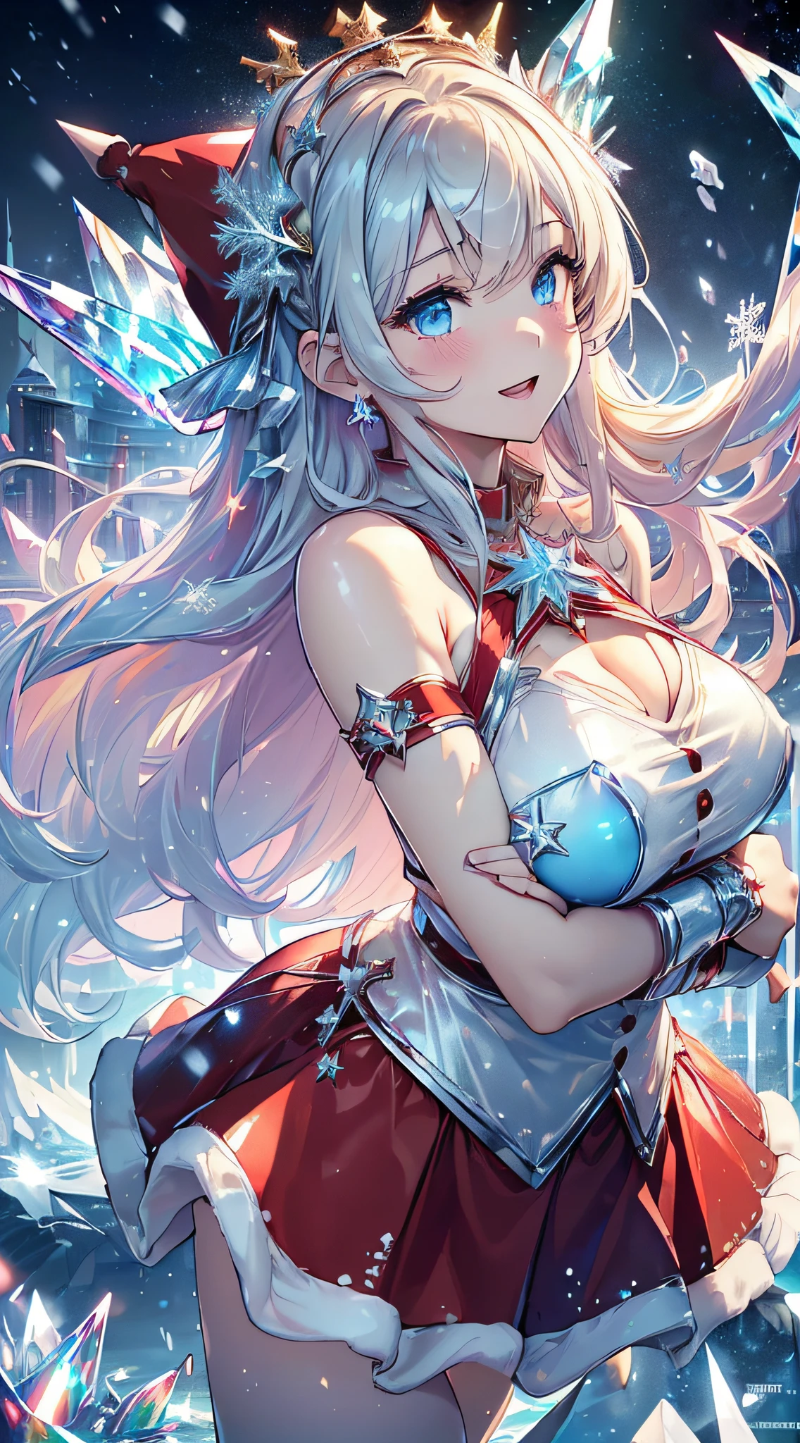 top-quality、Top image quality、masterpiece、teens girl((metallic red santa costume、santa style short skirt、santa style tank top、sixteen years old、teen ager、Best Bust、big bast,Beautiful light blue eyes、Breasts wide open, a blond、A slender,Large valleys、dye one's cheeks red、Leaning forward、White breath、Reflecting the whole body、Laugh、dance)),hiquality、Beautiful Art、Background with((crystal city at night、snowflakes falling、Heavy snow falls、snowman、ice tower model)))、masutepiece、depth of fields,