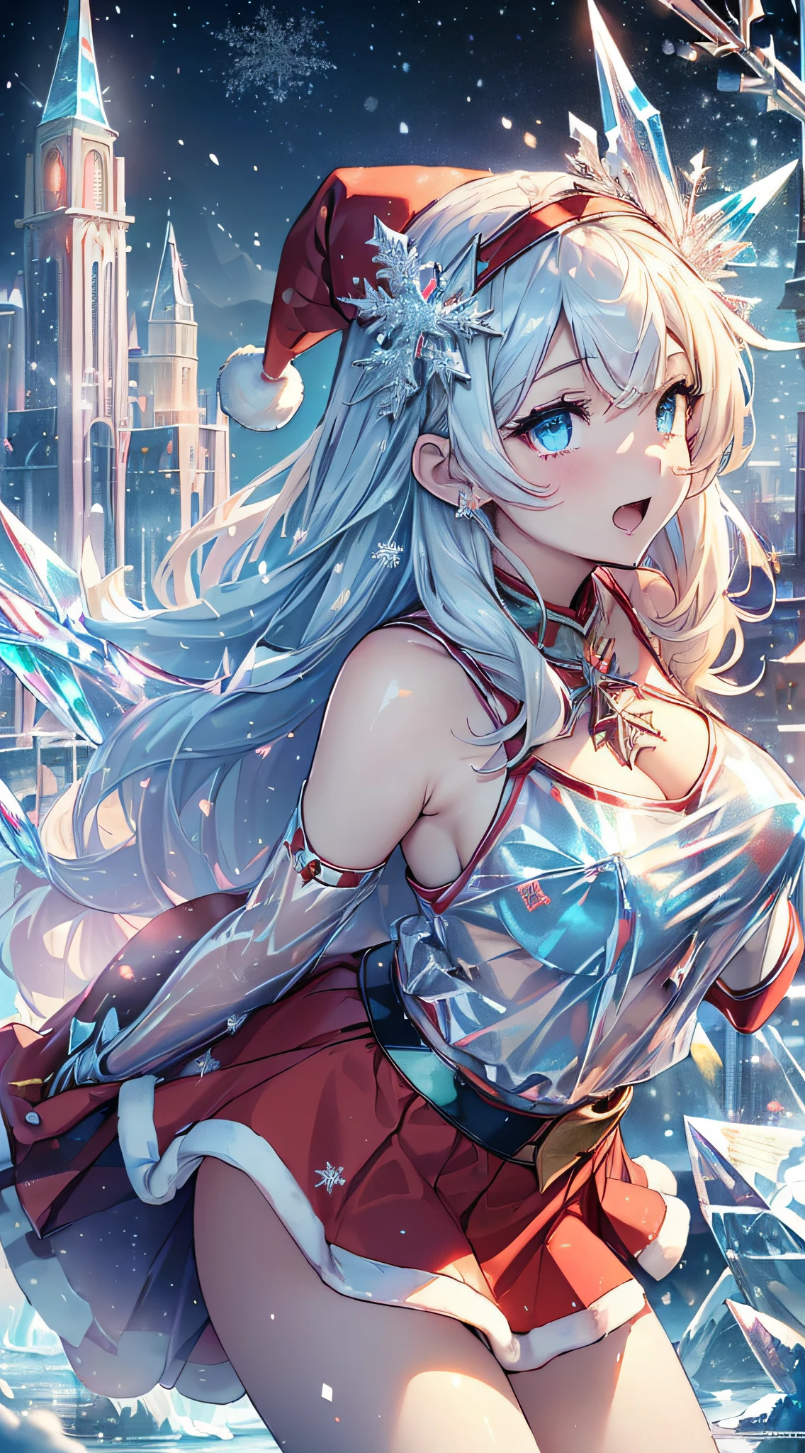 top-quality、Top image quality、masterpiece、teens girl((metallic red santa costume、santa style short skirt、santa style tank top、、teen ager、Best Buast,Beautiful light blue eyes、Breasts wide open, a blond、A slender,Large valleys、dye one's cheeks red、Leaning forward、White breath、Reflecting the whole body、Laugh、dance)),hiquality、Beautiful Art、Background with((crystal city at night、snowflakes falling、Heavy snow falls、snowman、ice tower model)))、masutepiece、depth of fields,