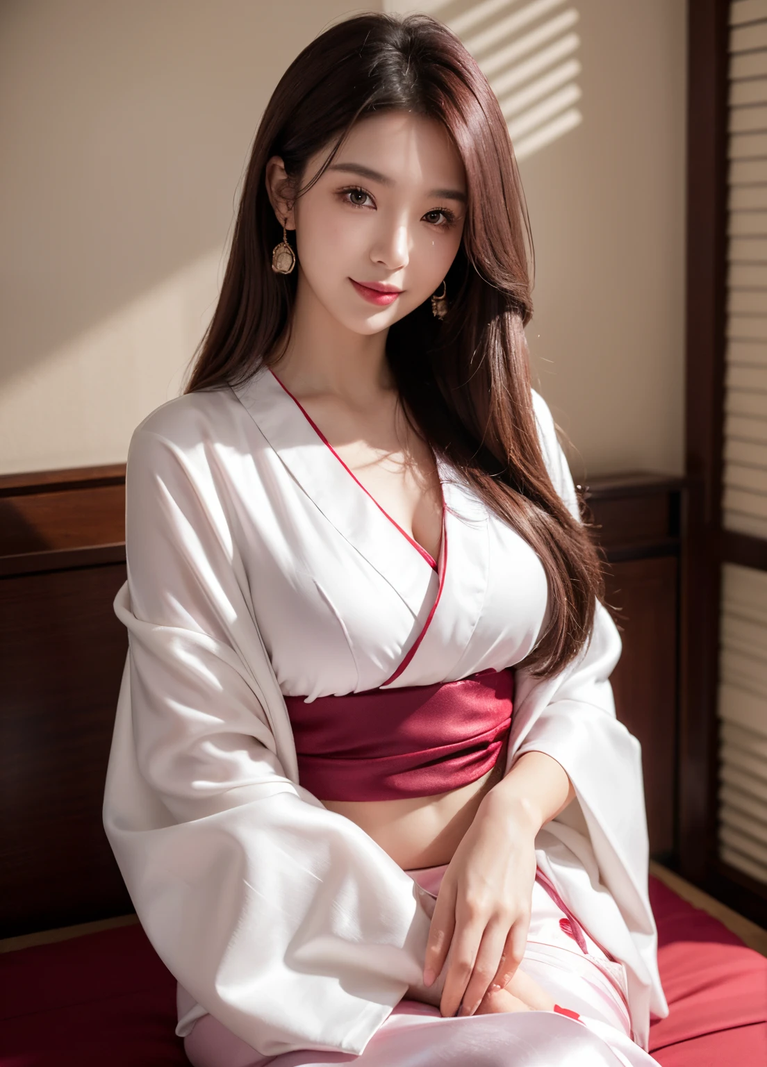 (Female, 22 years old), (Medium breasts:1.3), navel, hotels room、 ((Grab the viewer's hand)), (​master piece: 1.3), (max resolution: 1.4), (UltraHD: 1.2), cinematric light, UltraHD, (Detailed eyes and skin), (detailed facial features), nffsw, 8K分辨率, Perfect Style, Beautiful expression、Highly detailed facial and skin texture、A detailed eye、二重まぶた、Glitter Eyeliner:1.2、(eyeshadows:1.3)、thin cheeks、(fair white skin:1.3)、shiny earrings,Red Rouge:1.2、shiny lip:1.2、((FULL BODYSHOT:1.2))、((From a very intimate distance:1.2))、((Silk red kimono))、high-heels、(Layered Hair Style、dark pink hair)、medium-Long hair、(Very affectionate smile:1.2)