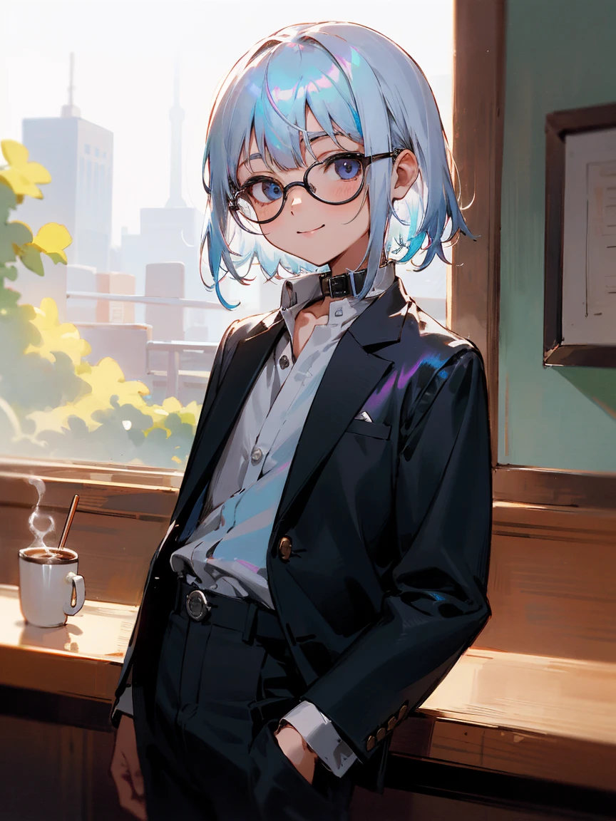Male child, eye glasses,Cowboy Shots,A smile, silber hair,Daytime,Iridescent background,1girl in, Gawr Gura, A detailed eye, coffee shop, portlate, buttoning, white shirt, shirt with collar, Black pants, volume illumination