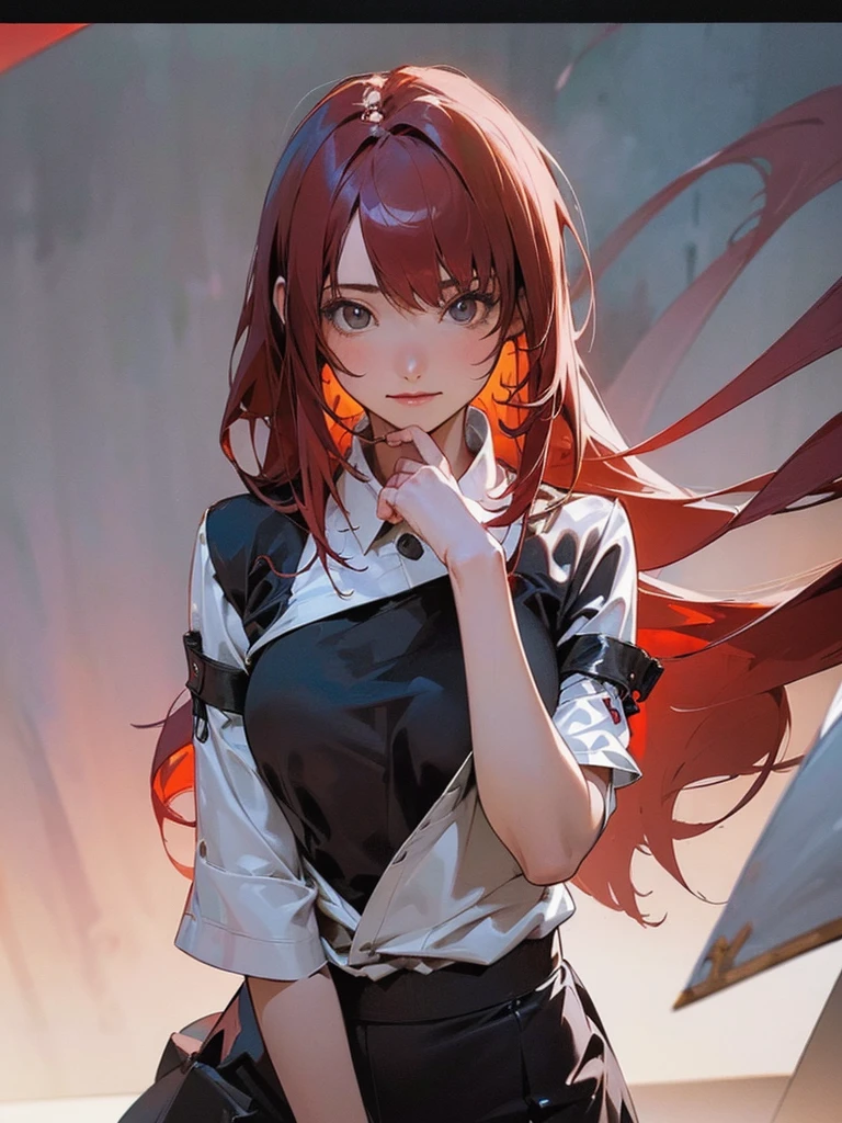 (1girl in:1.3), (Photorealistic:1.4), (masutepiece, of the highest quality, Best Quality, Official art), ighly detailed, highest details, (Ultra-detailed), ((extremely delicate and beautiful)), Cinematic Light, Contemporary, Silky long hair, (Red hair), dystopian background, in the evening, tshirts, Skirt, Upper body, Smile, (viewer&#39;s perspective:1.4), 23 years old