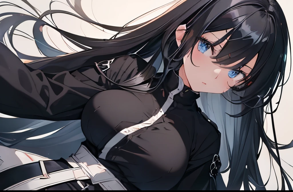 【Highest Quality, masutepiece】 [girl, expressioness, blue eyes, front facing,jet-black hair, ] (Gray white background:1.5), 1girl in, Full body, black one-piece military uniform,(masutepiece:1.2, Best Quality), (finely detailed beautiful eye: 1.2), (beautifull detailed face), High contrast, (Best Illumination, extremely delicate and beautiful), ((Cinematic Light)), H Dramatic light, long hair flowing with the wind, big breasts,Belt under boobs,black shirt, black skirt,