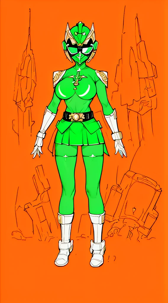 top-quality, Top image quality, masterpiece, character sheet, Full body, full of details, multiple poses, highly detailed, depth, many parts, one girl, solo, Standing, backgroun ruin temple, front view,body facing forward, power ranger, Ranger green, Headgear Helmet Green Power Ranger, no hair out, Green Mask cover face, Covering all face, mini skirt, big boob