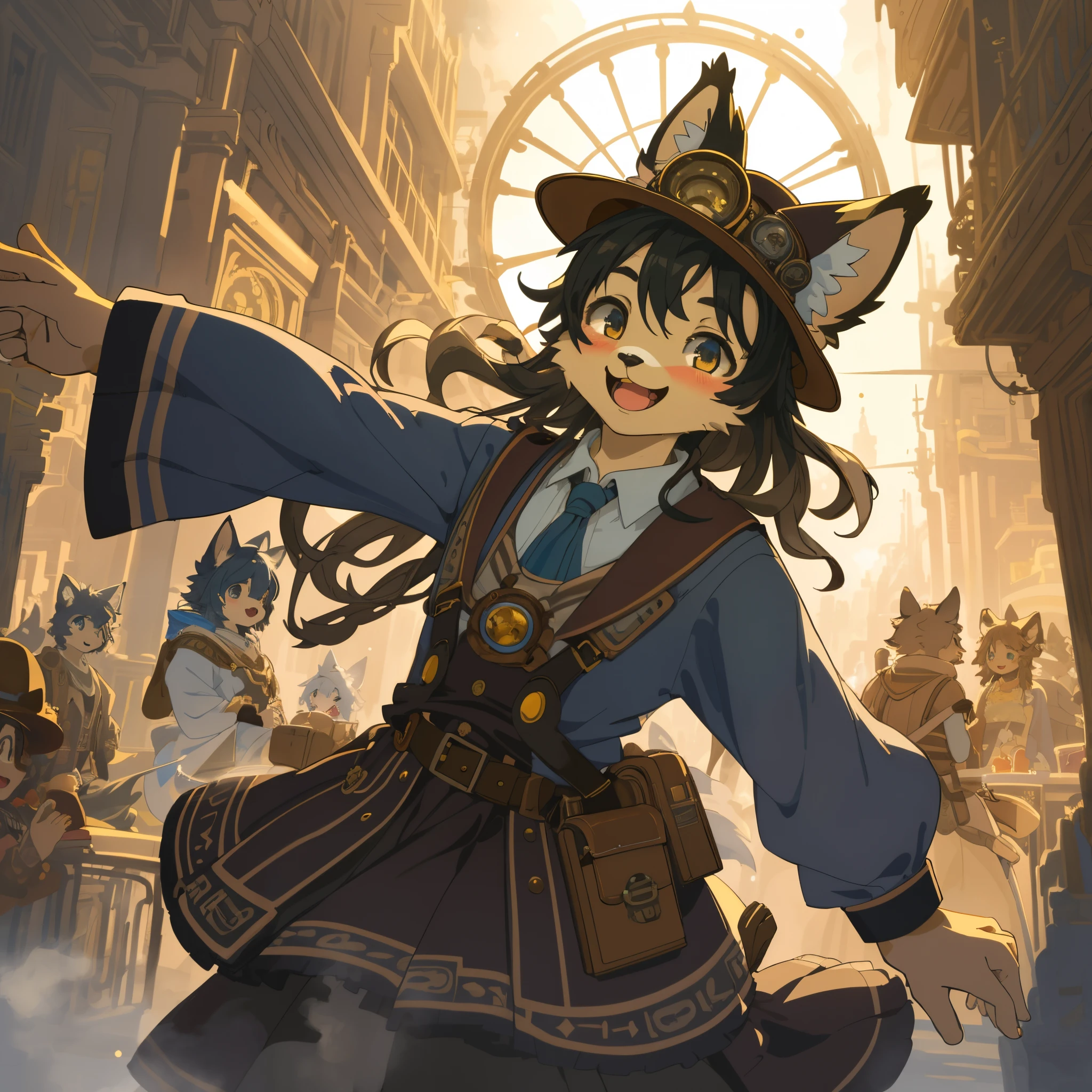 cover_page, highres, top quality, best quality, paid reward available, High-quality illustrations, unparalleled masterpiece, perfect artwork, absurdres, super high resolution, detailed background, Steam punk, Beautiful World Heritage, 6+boys, 6+girls, Happy, joyful(Photos of solo travelers)(kemono, furry anthro)cinematic lighting, dynamic angle,