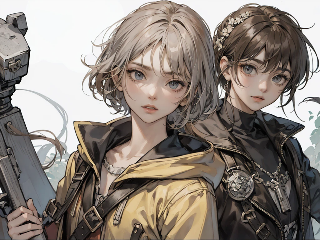 detailed game character art、((Best Quality)), ((masutepiece)), (Detailed), lower back、nabel、Perfect face, 1boy, Solo, Handsome, Yellow hoodie, Curly black hair, Looking at Viewer, Portrait, Talk to your audience, Fujimoto style medieval treasure hunter、Explore with a giant backpack、Exploration behavior for large luggage、treasure hunter costume、Fluffy bob cut、short bangs、Silver-haired hyper detail