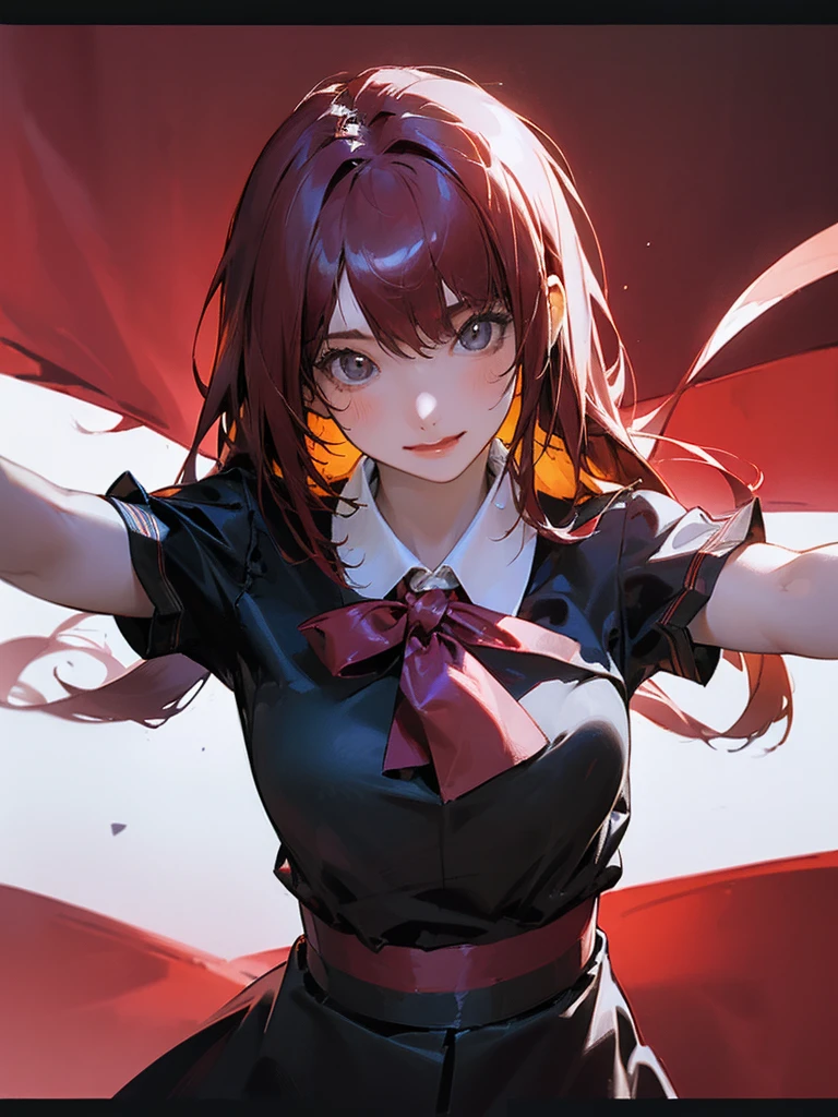 (1girl in:1.3), (Photorealistic:1.4), (masutepiece, of the highest quality, Best Quality, Official art), ighly detailed, highest details, (Ultra-detailed), ((extremely delicate and beautiful)), Cinematic Light, Contemporary, Silky long hair, (Red hair), Dystopian background, in the evening, tshirts, Skirt, Upper body, Smile, (viewer'Perspective:1.4), 23 years old