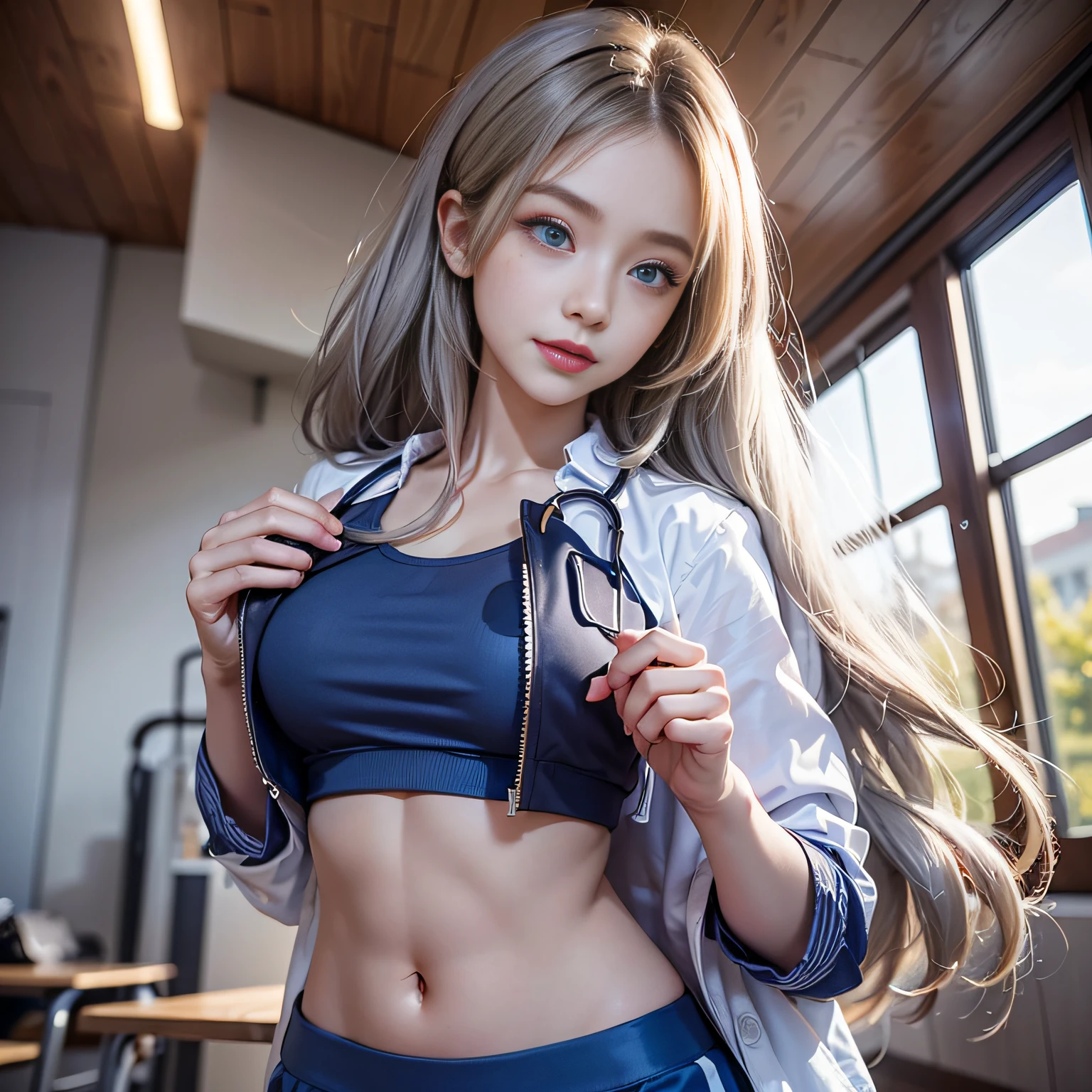 Blonde gray hair, Straight hair, Spread hair, Long hair, PUPILS SPARKLING, long eyelashes, Blue eyes, makeup, Smile, Color Field Painting, Contemporary art, Northern Renaissance, Blurred, blending, From under the chest, Breasts from chest to side, the panorama, ultra wide-angle, Wide Angle, F/1.8, 135 mm, canon, nffsw, retinas, masutepiece, Elaborate, Anatomically correct, Skin Texture, Super Detail, high detailing, High quality, hight resolution, 1080p, hard disk, 4K, 8K, top-qualityの, Sexy Pose (Girls changing into gym clothes in the classroom), serafuku,, (From under the chest, White thong, 1.24),(top-quality)、 (masterpiece)、(Professional lighting with fewer shadows)、 (A hyper-realistic)、 (perfect anatomia)、 (In front of the camera、There are two women、Bangs and forehead、For white skin without moles on your breasts, wrinkles, Unevenness under the eyes.:1.5), (Beautiful blue eyes with long eyelashes and red tear bags:1.5), (In front of the cameraで誇らしげに胸を突き出す2人.:1.2), (Another person on the other side、Turned back with arched hips)、Photorealsiticな美しい医師、stunningly beautiful、doctors white coat, Collared shirt、(top-quality、8K、32K、masterpiece、nffsw:1.3)、超hight resolution,(Photorealsitic:1.4),Raw photography, Detailed face,,Beautiful hair, ((Doctor Style)), , Blue tight skirt、