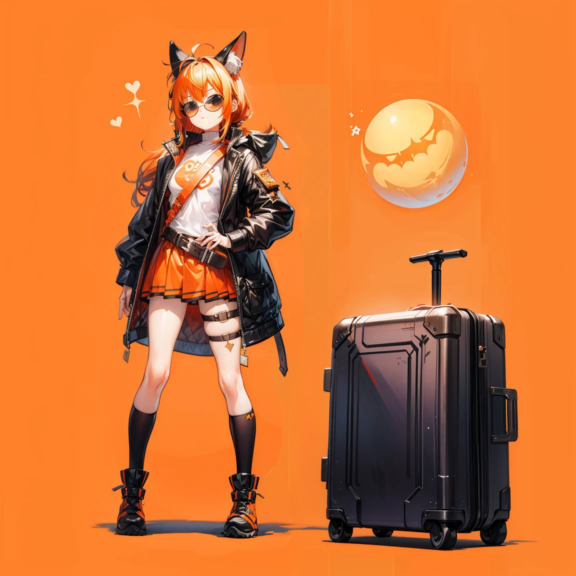 Character Sheets, Three types,Shot Full Body,Game Character Design,than a small flying moon,Girl in sunglasses and beans,Victorizo ∨TSE∨,Orange background,Stylistic expression