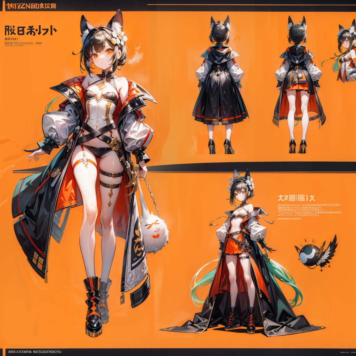 Character Sheets, Three types，Shot Full Body，Game Character Design，than a small flying moon，Girl in sunglasses and beans，Victorizo ∨TSE∨，Orange background,Stylistic expression