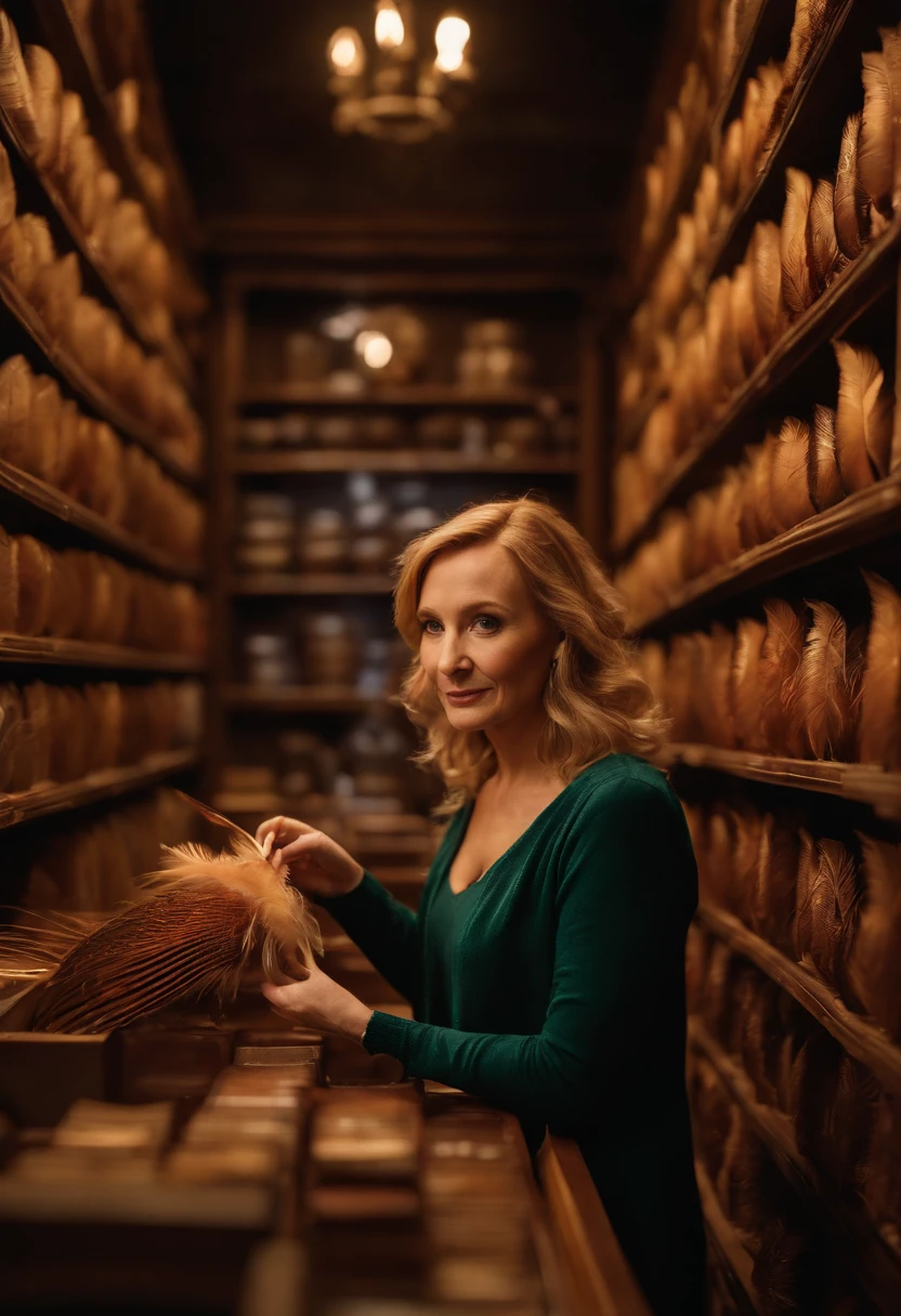 A photo of me picking out a vibrant phoenix feather from the shelves of Ollivanders Wand Shop, with a look of curiosity and wonder on my face.,original,Portrayed by JK Rowling herself, female