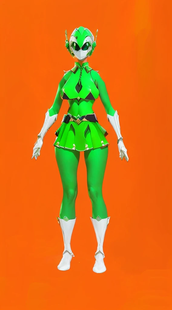 top-quality, Top image quality, ​masterpiece,  character sheet, Full body, full of details, multiple poses, highly detailed, depth, many parts, one girl, solo, Standing, backgroun ruin temple, front view,body facing forward, power ranger, Ranger green, Headgear Helmet Green Power Ranger, no hair out, Green Mask cover face, Covering all face, mini skirt, big boob