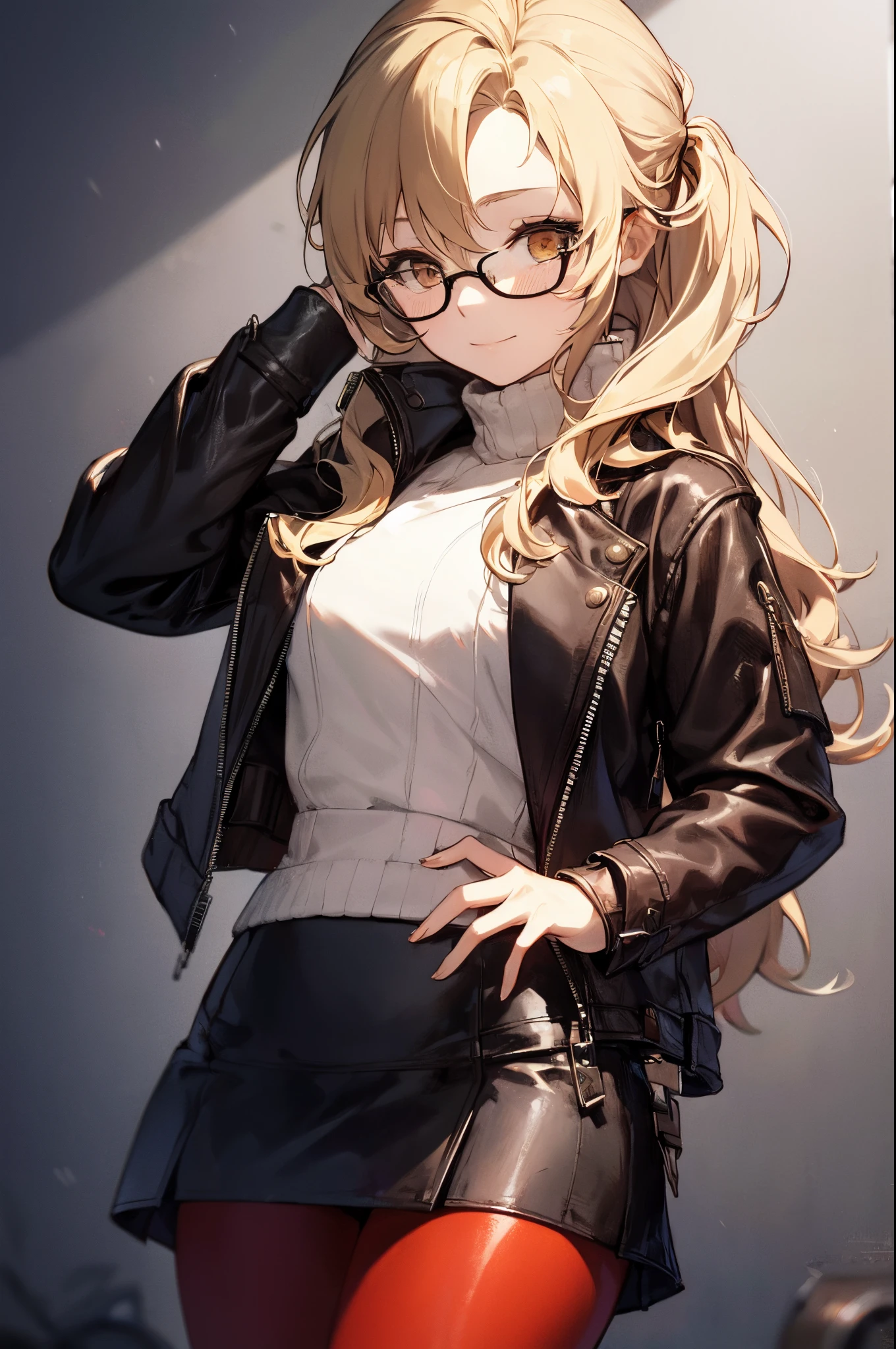 masterpiece, concept art, close up shot, portrait, standing, 1girl, Melania, reverse 1999, glasses, long blonde hair, leather jacket, black skirt, red legging, museum background