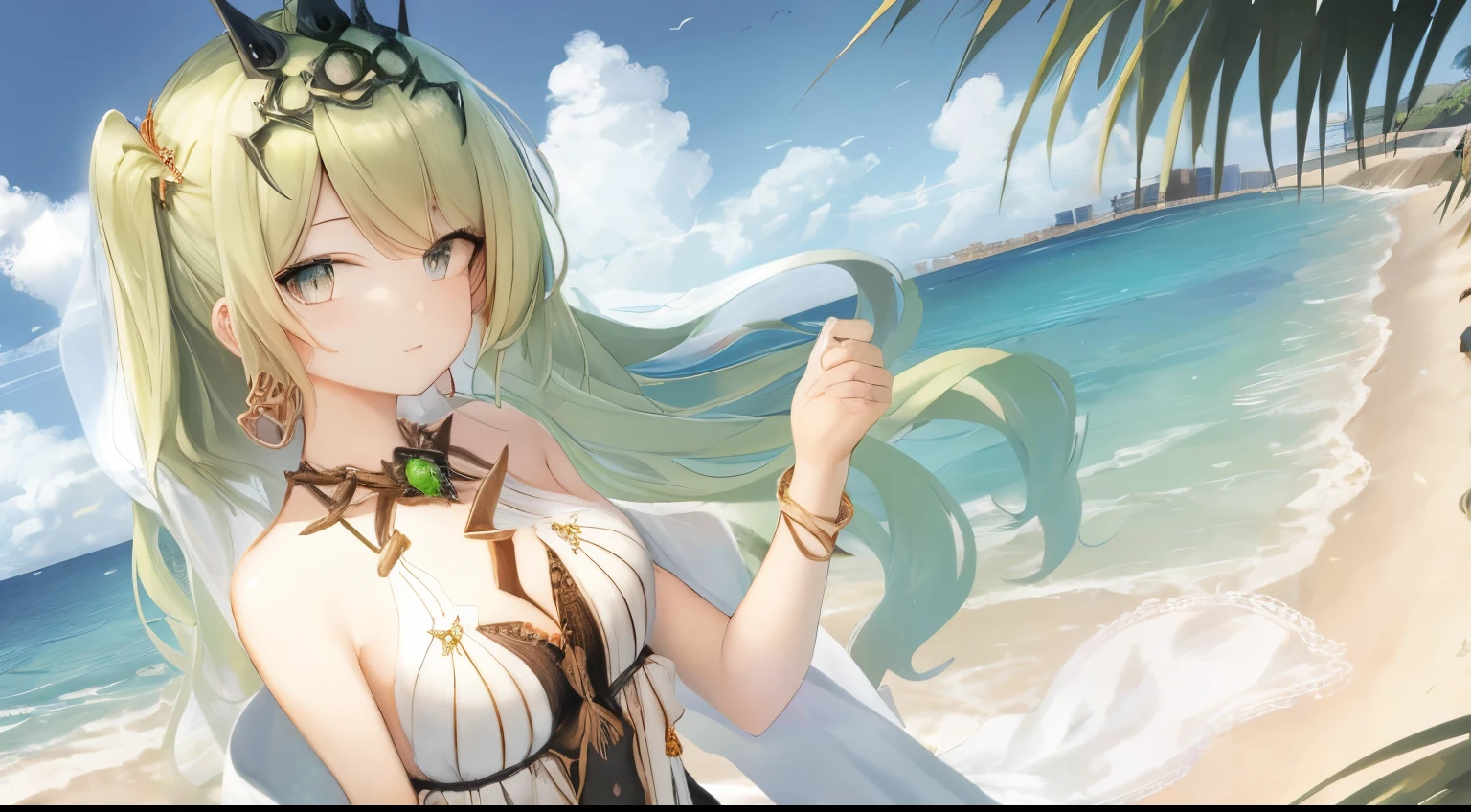 solo, 1girl, highres, green eyes, green hair, small breasts, looking at viewer, jewelry, crown, earring, lace, sundress, shawl, outdoor, beachside --sameseed 2792853060