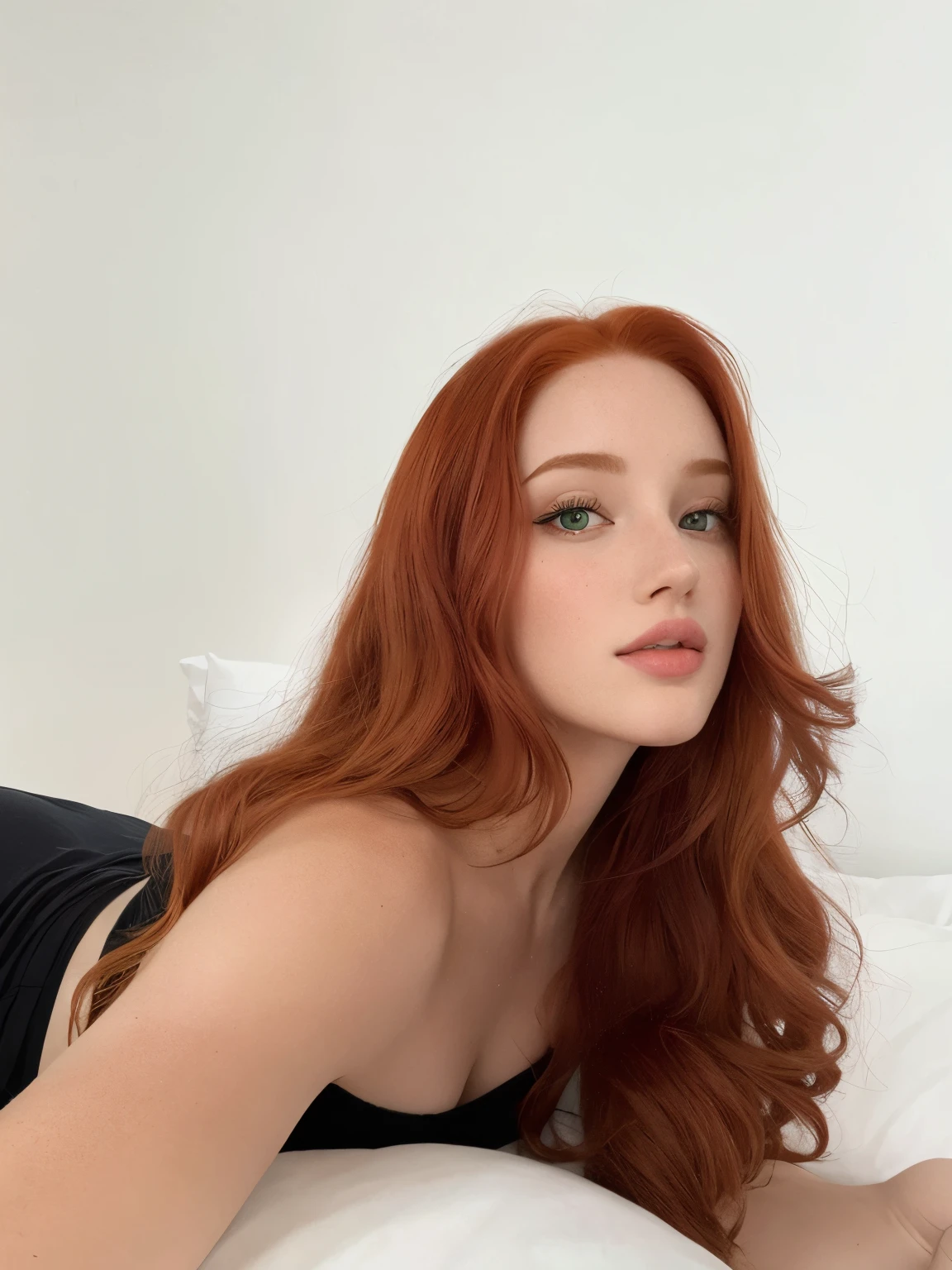 There is a woman lying on a bed with a remote control, Redhead Girl, red head, with pale skin, beleza de cair o queixo, Deusa dos cabelos ruivos, Anna Nikonova aka Newmilky, angelawhite, she is redhead, Amouranth, mulher ruiva bonita, Sophie Turner, com cabelos ruivos e olhos verdes, com cabelos ruivos, pele vermelha lisa, Ellie Bamber