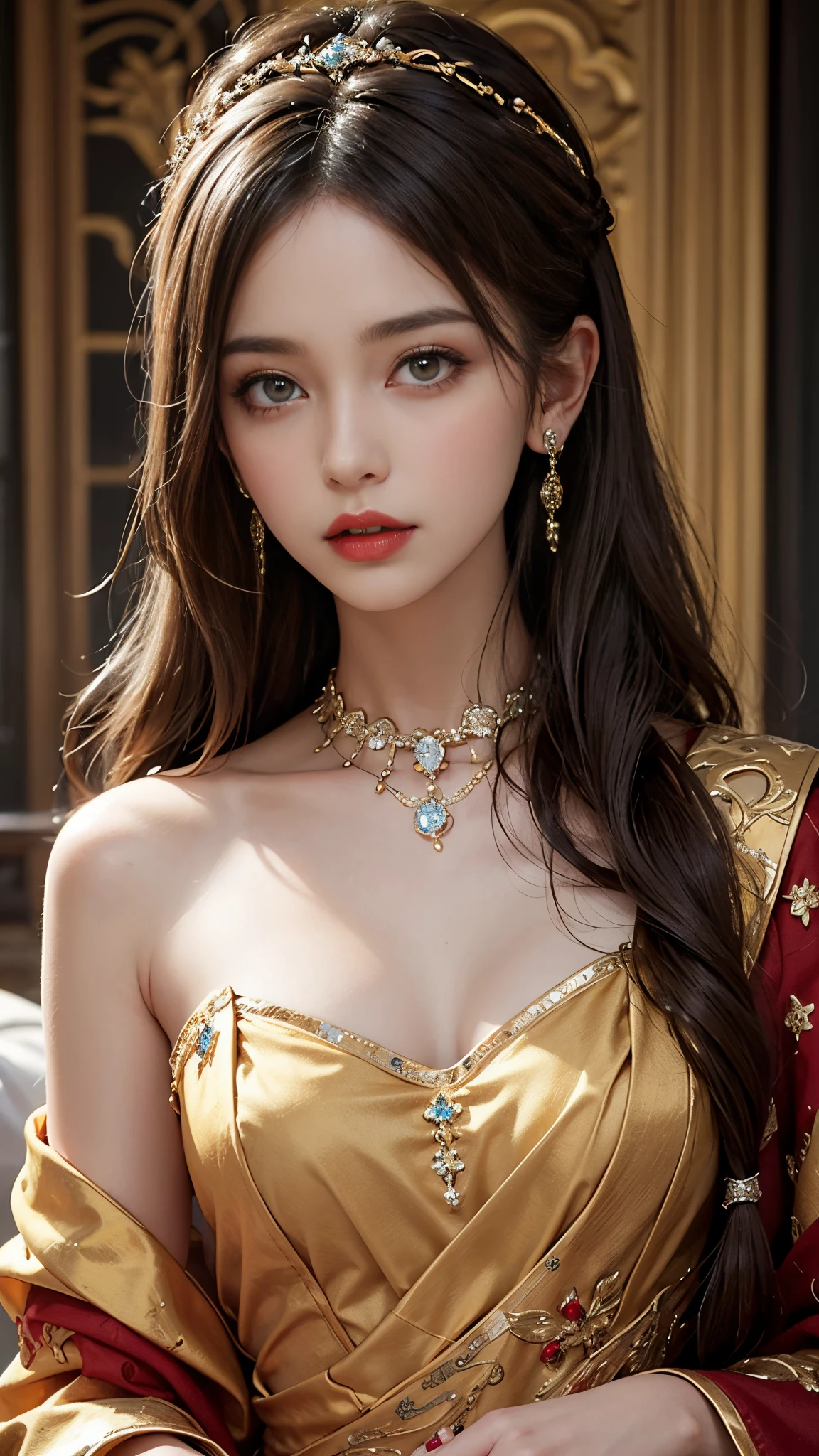 8K ultra hd, masterpiece, best quality, a beautiful girl, long hair, impressive hairstyle, royal hair jewelry, pretty cute face, flawless face, jewellery earrings, antique jewellery, details eyes, beautiful eyes, meticulous makeup, thin eyebrows, beautiful red lips, medium breasts, royal dress, golden dress, light golden laces, realistic colors, magic effect, night background, look directly at the audience, attractive poses,