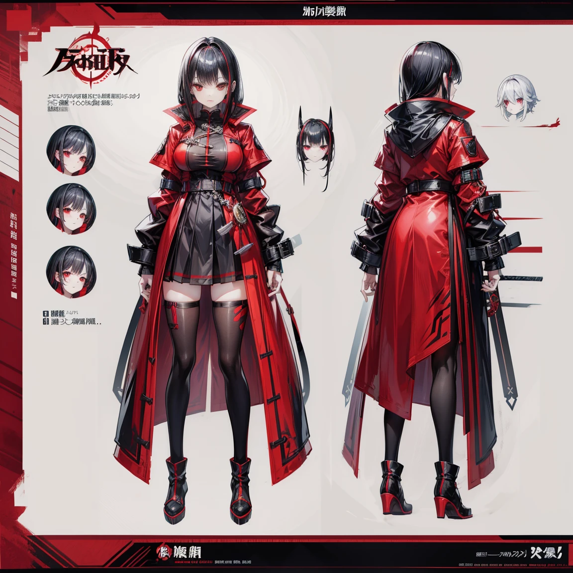 Character Sheets,1girll，long legs，Red and black shirts，Red and black skirt，Red and Black Mechanical Windproof Boots，Large red and black trench coat，Long red and black hair，red eyes，standing pose，Red Katana，HighestQuali,4k，Chinese girl design，Detailed Genshin graphics，anime character design，anime concept art，pretty anime character design，anime character reference sheet，[character design]，4k，Details