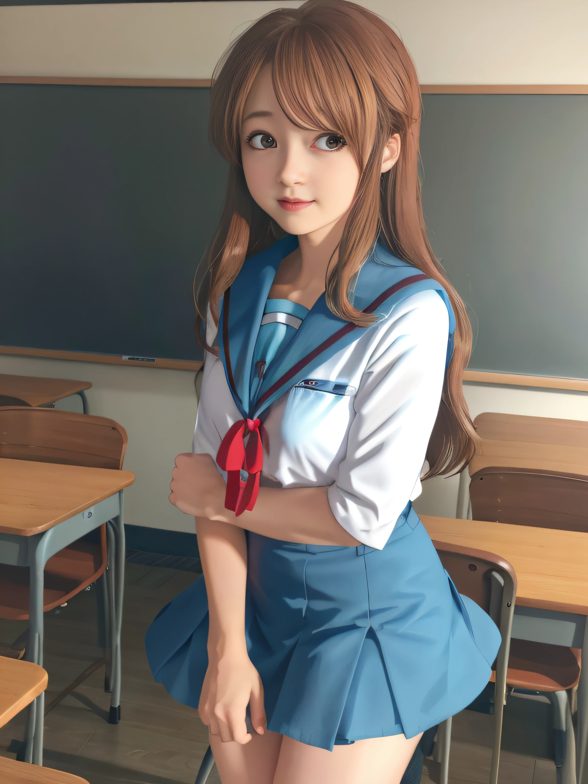 RAW image quality、8K分辨率、Ultra-high-definition CG images、​masterpiece、top-quality、Hi-Res、Mikuru 1、1girl in、Mikuru Asahina、long、North College Uniform、独奏、Blue sailor color、Sailor collar、serafuku、a blue skirt、skirt by the、shortsleeves、Red ribbons、Colossal tits、Embarrassing pose、Classroom background with blackboard、