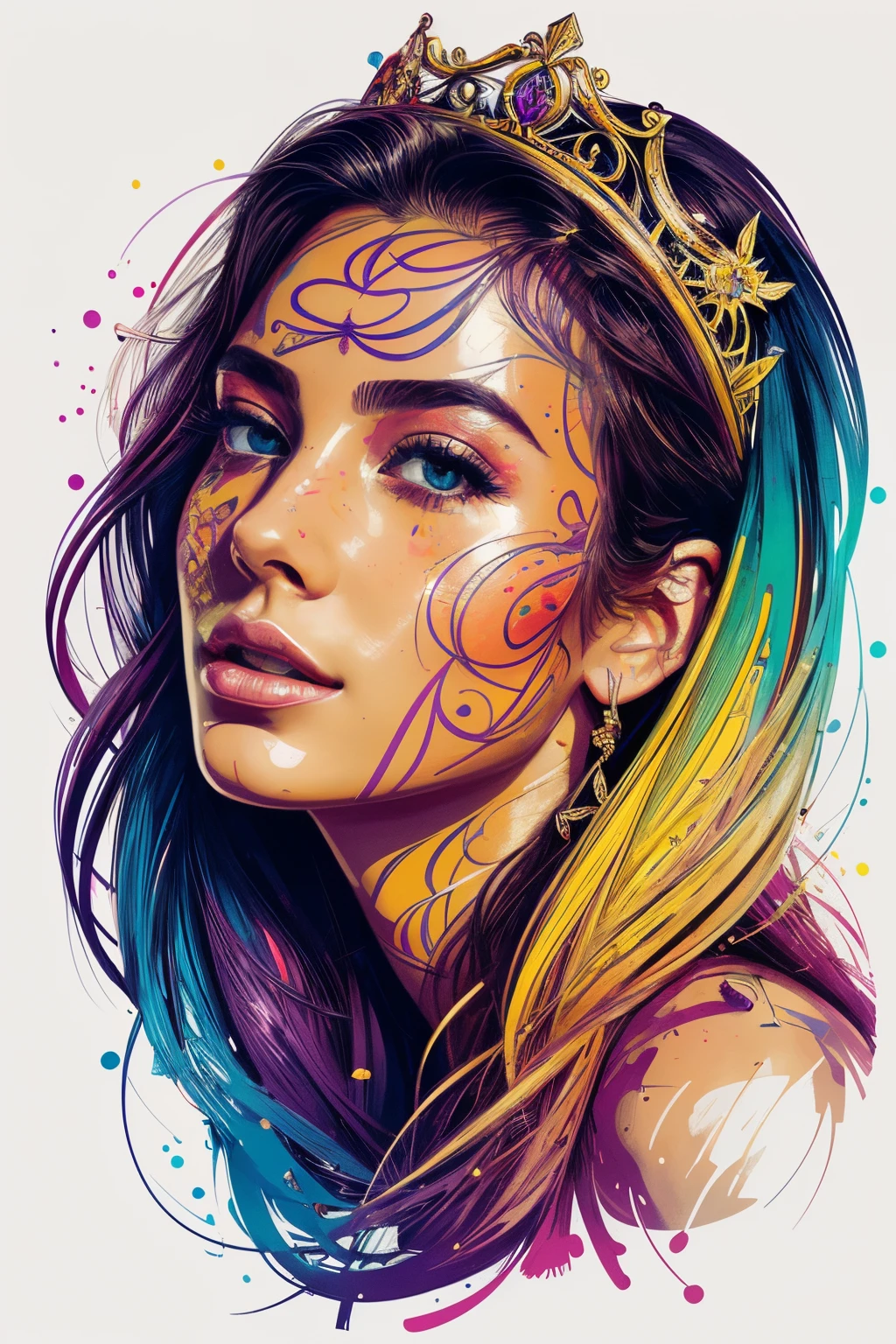 Highly detailed, High Quality, Masterpiece, beautiful, FISideRight, 1girl, solo, ((best quality)), ((masterpiece)), (detailed), perfect face, abstract beauty, Create a digital art work in pop art style, luxury elegance bold with hint of feminine, happy & youthful, authentic, brave, princess wearing crown, purple and gold, centered, key visual, intricate, highly detailed, breathtaking beauty, precise lineart, vibrant, comprehensive cinematic, Carne Griffiths, Conrad Roset, vector art, Colorful graffiti illustration, (the most beautiful portrait in the world:1.5)