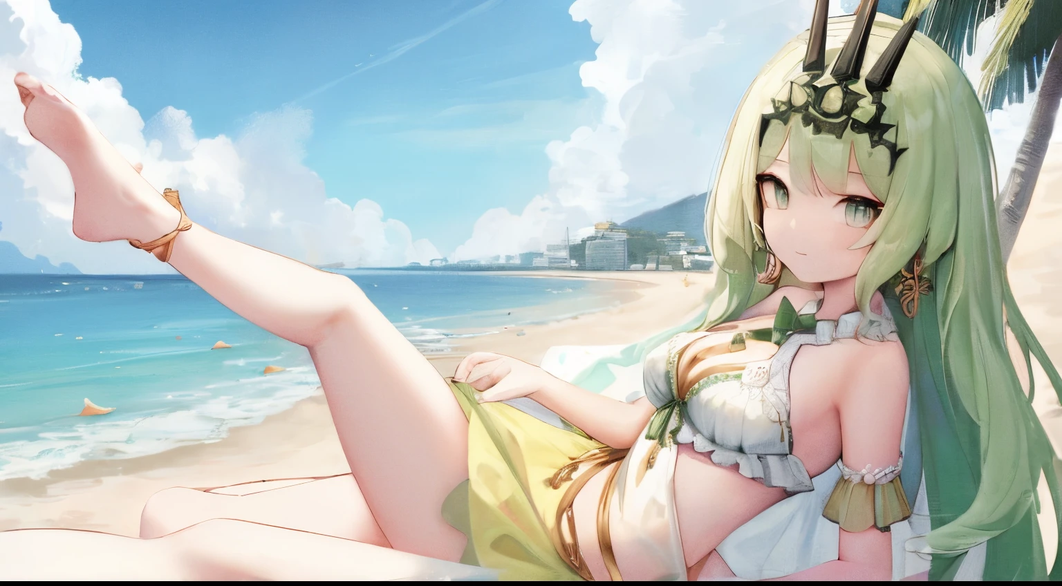 solo, 1girl, highres, green eyes, green hair, small breasts, looking at viewer, jewelry, crown, earring, lace, sundress, shawl, outdoor, beachside --seed 2792853060