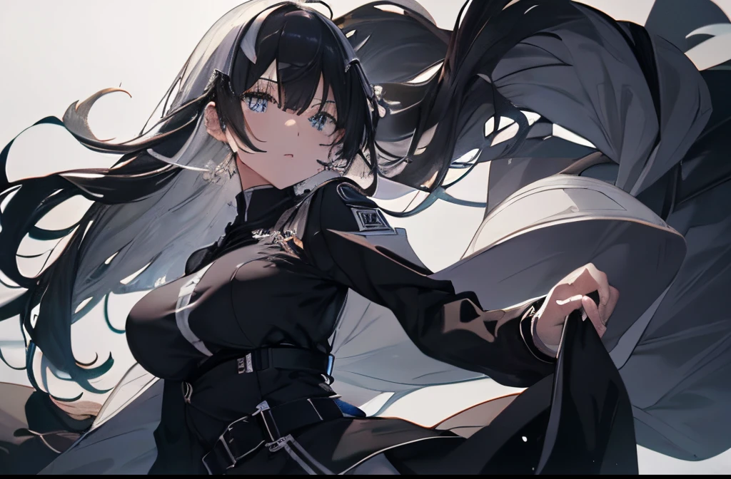 【Highest Quality, masutepiece】 [girl, expressioness, blue eyes, front facing,jet-black hair, ] (Gray white background:1.5), 1girl in, Full body, black one-piece military uniform,(masutepiece:1.2, Best Quality), (finely detailed beautiful eye: 1.2), (beautifull detailed face), High contrast, (Best Illumination, extremely delicate and beautiful), ((Cinematic Light)), H Dramatic light, long hair flowing with the wind, big breasts,Belt under boobs,black shirt, black skirt,