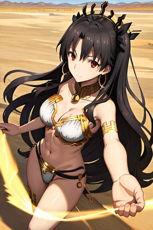 Best Quality, (masutepiece:1.2), Colossal tits, cleavage of the breast, golden crown ishtar,
1girl in, Solo, Closed mouth, lightsmile,
Black hair, Red Eyes, both sides sideways,diadems, hoop earrings,
White Bikini Top, Black Bikini bottom, gold trim, single detached sleeve, single thighhigh,
thrust out one's hip, Looking sideways at the viewer,
(A desert:1.2), Night
