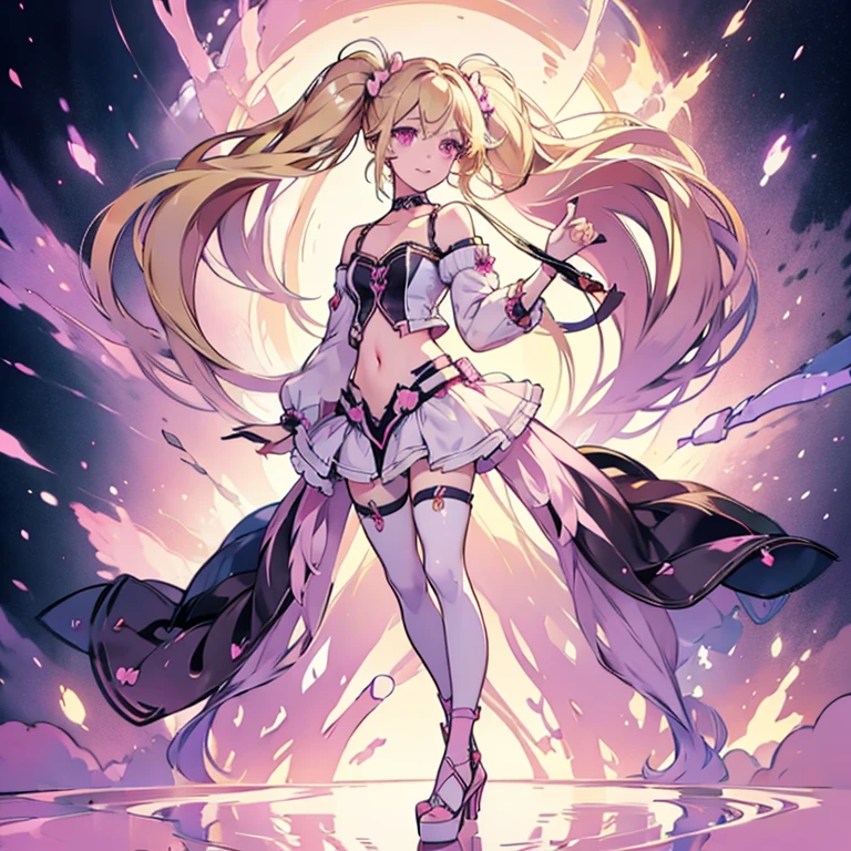 Blonde twintails Pink eyes Full body Standing Shining eyes Smile Choker Navel exposed Heels