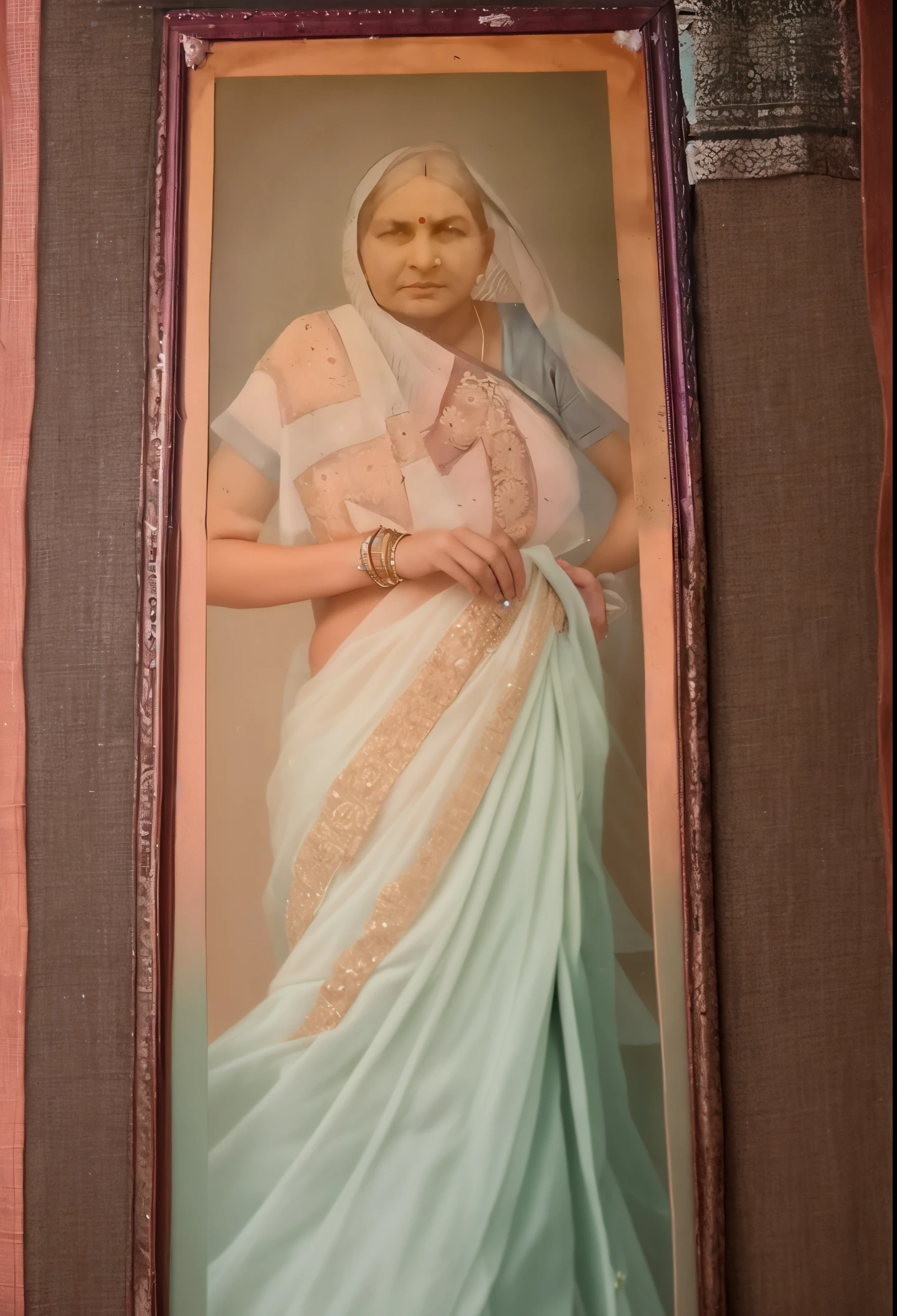 Complete the photograph into a realistic phtograph of a woman, the dress (saree) should be in the same colour, remove the photoframe, standing posture