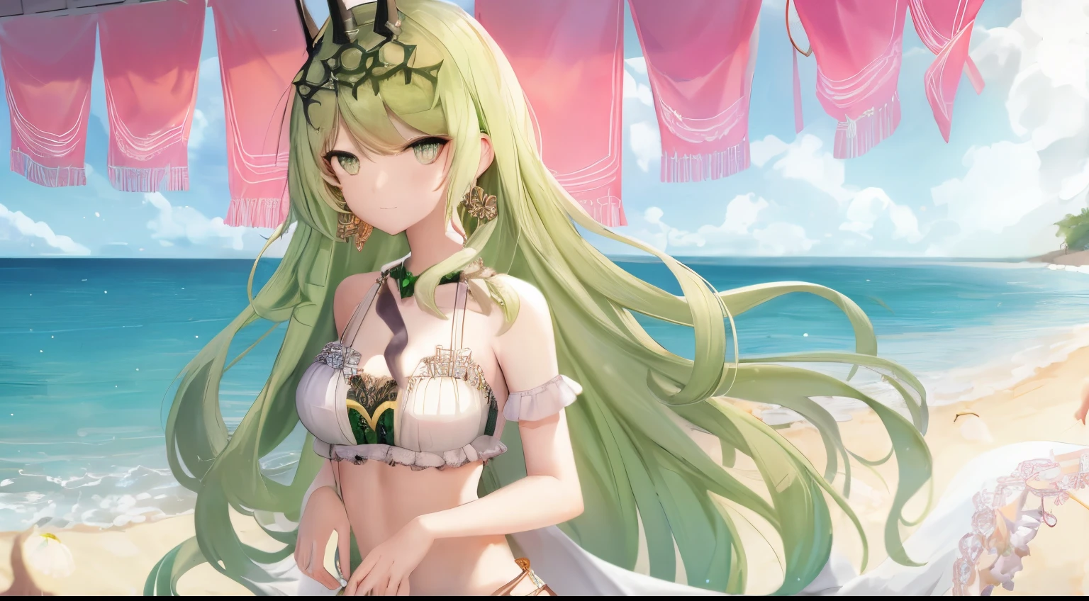 solo, 1girl, highres, green eyes, green hair, small breasts, looking at viewer, jewelry, crown, earring, lace, sundress, shawl, outdoor, beachside --seed 2792853060